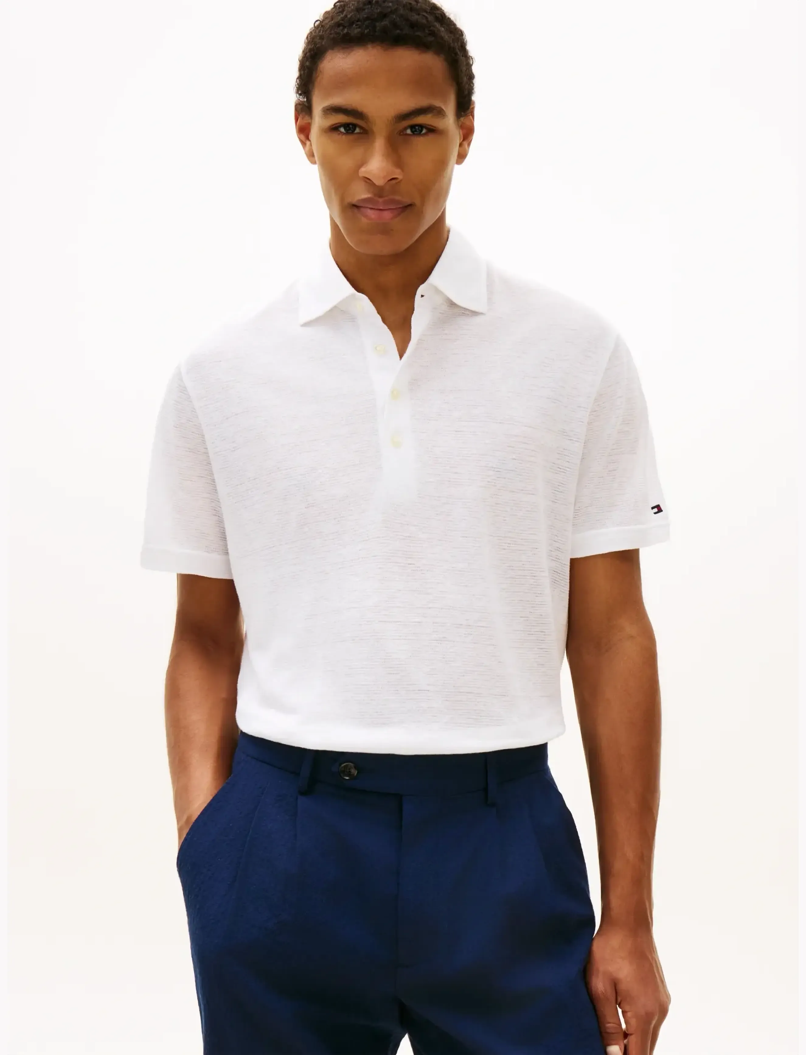 Tommy Hilfiger Dc Spread Collar Linen Polo, Mænd, Hør Polo Shirt Med Spread Krave, Hvid, Str: L
