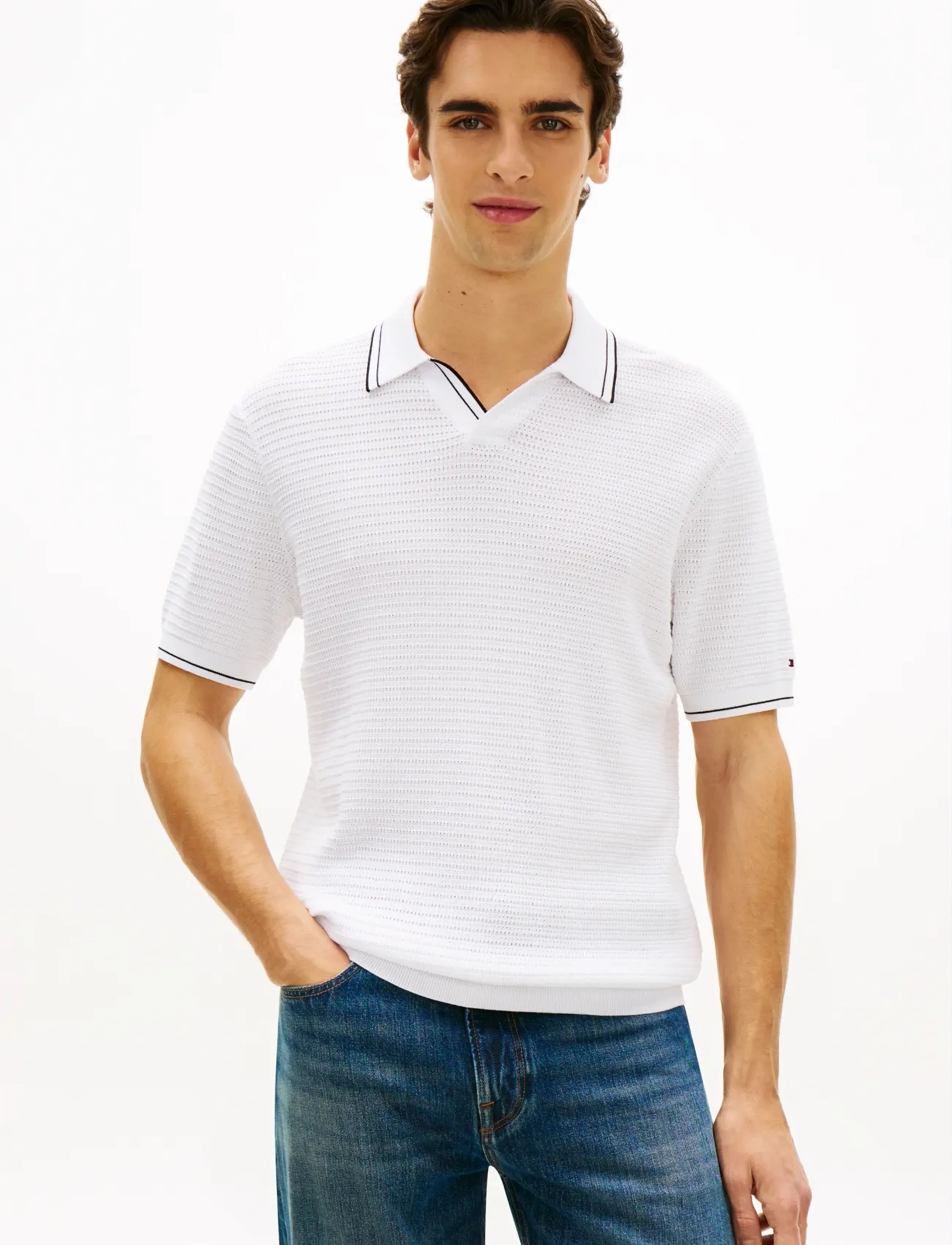 Tommy Hilfiger Dc Medium Texture Polo, XXL, White, Strik > Kortærmede Strikkede Poloer, Herre