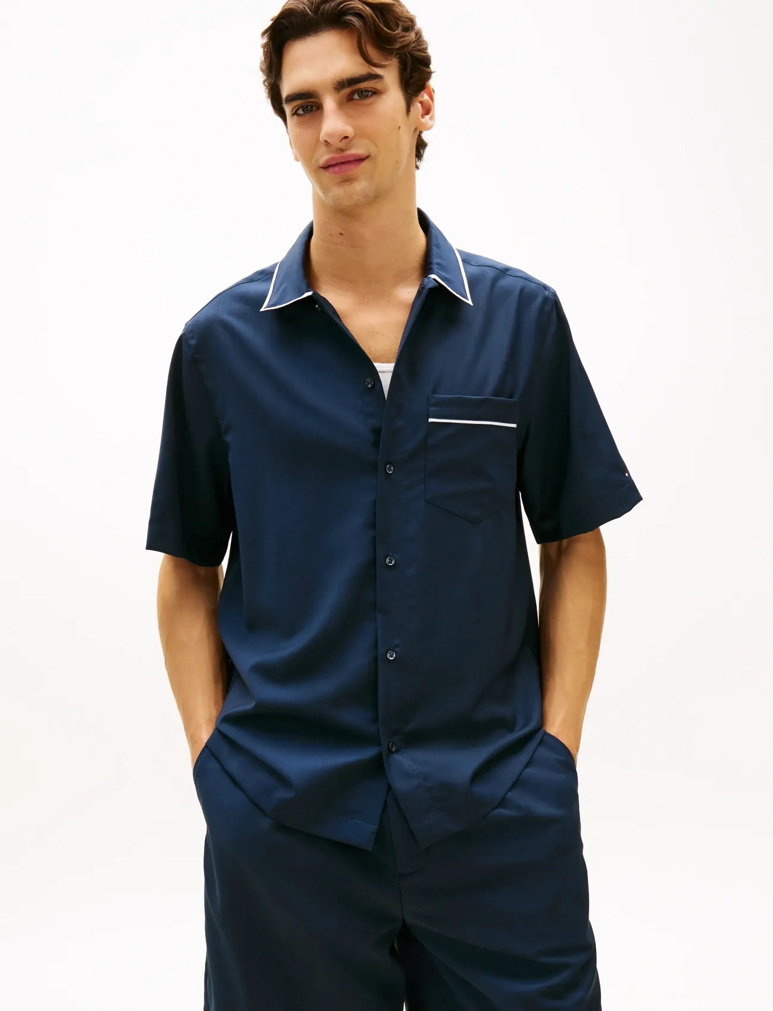 Tommy Hilfiger Dc Summer Wool S/S/ Shirt, XXL, Navy, Skjorter > Kortærmede Shirts, Herre