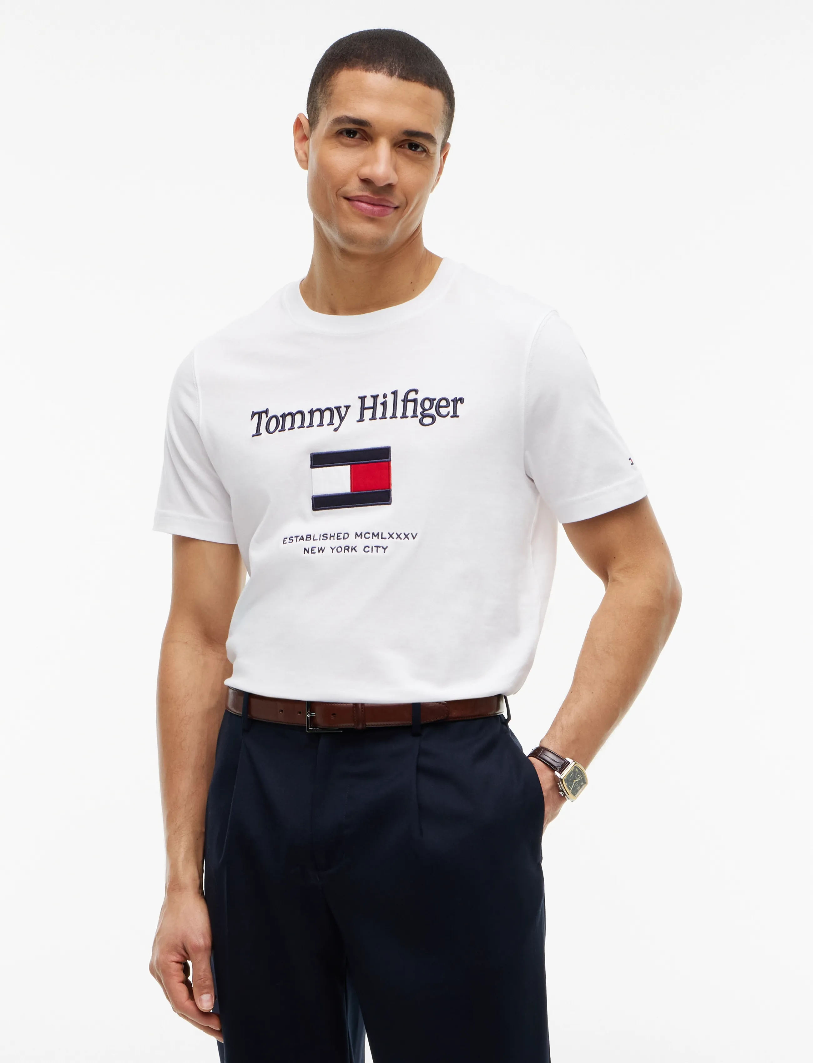 Tommy Hilfiger Hilfiger Embro Flag T-Shirt, L, White, T-Shirts > Kortærmede, Herre