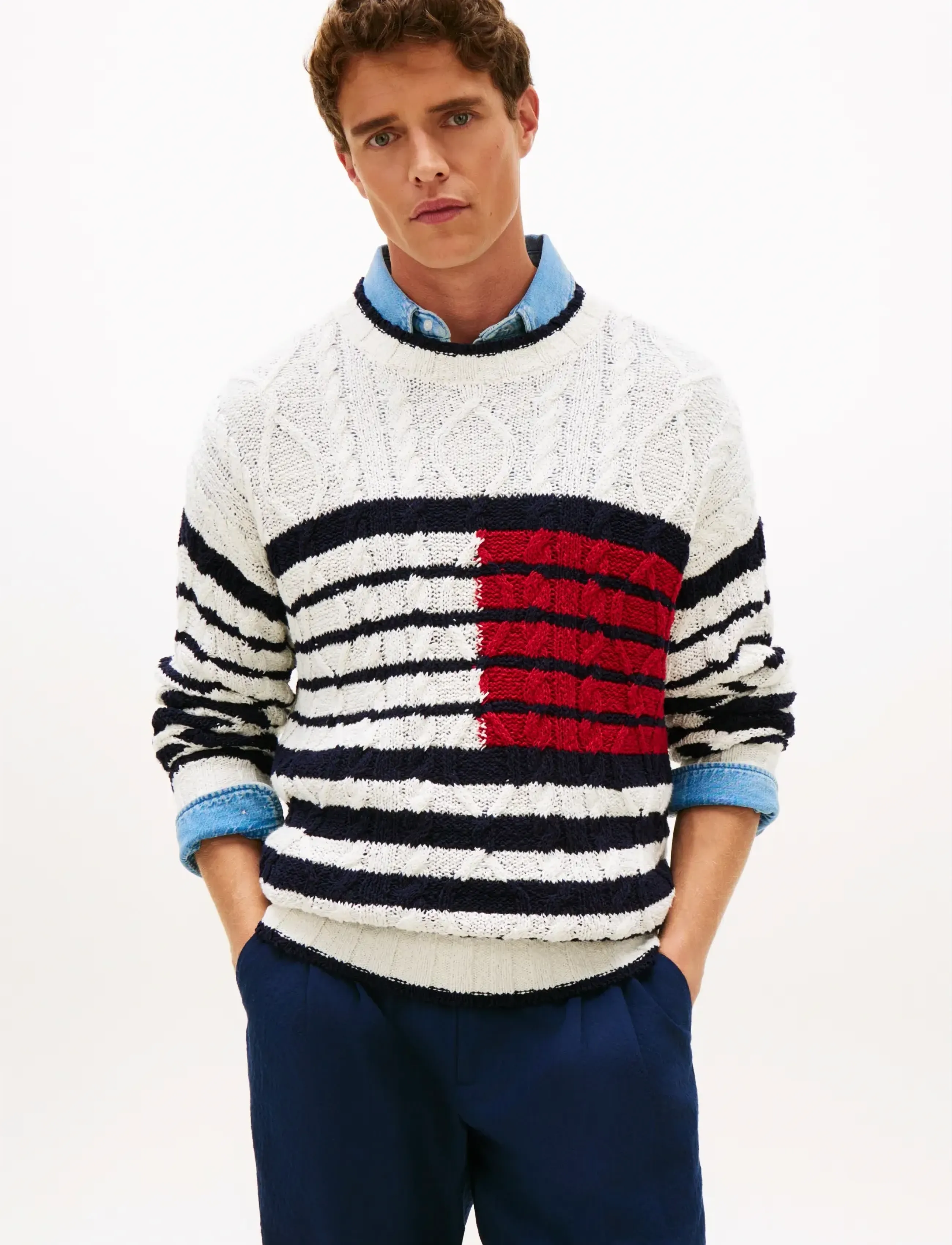 Tommy Hilfiger Breton Flag Cable Crew, Breton Flag Kabelstrikket Rundhalset Sweater, Hvid, Str: L
