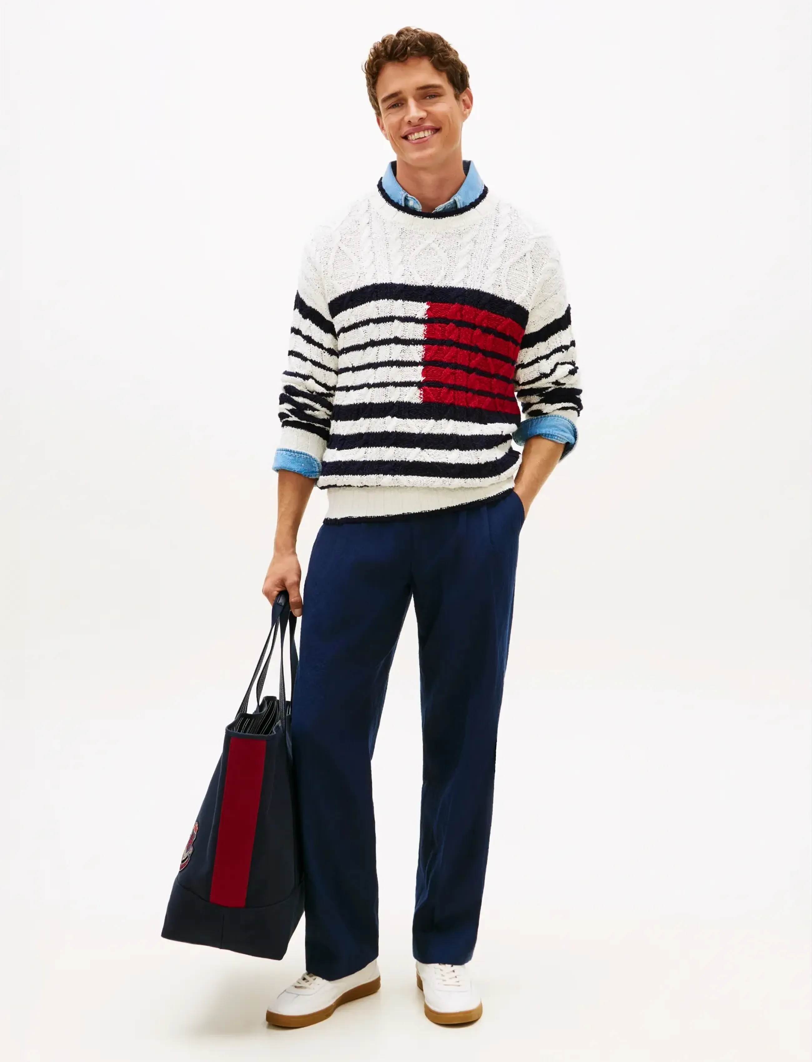Tommy Hilfiger - BRETON FLAG CABLE CREW - rundhals - ivory petal desert sky medium red - 3
