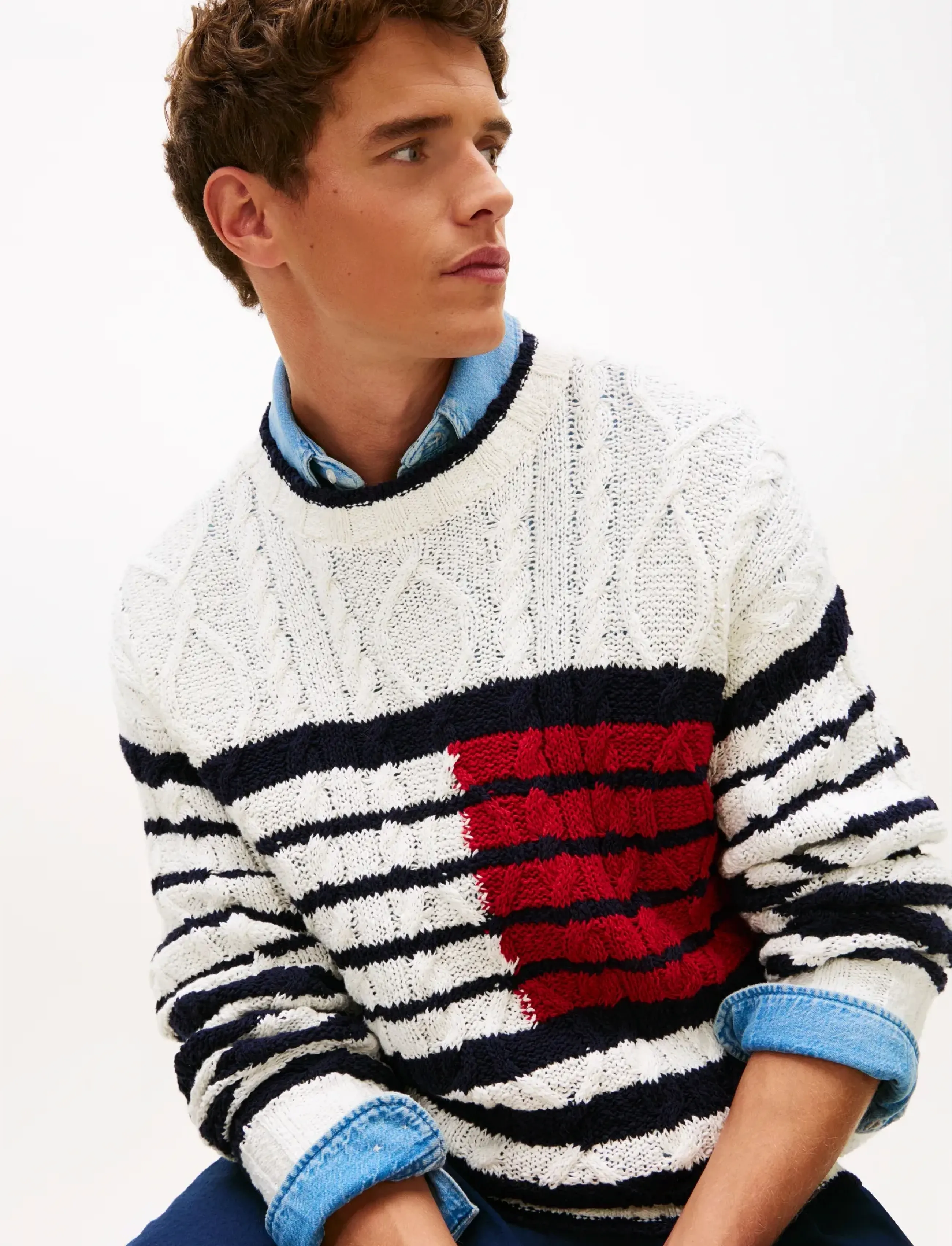 Tommy Hilfiger - BRETON FLAG CABLE CREW - rundhals - ivory petal desert sky medium red - 4