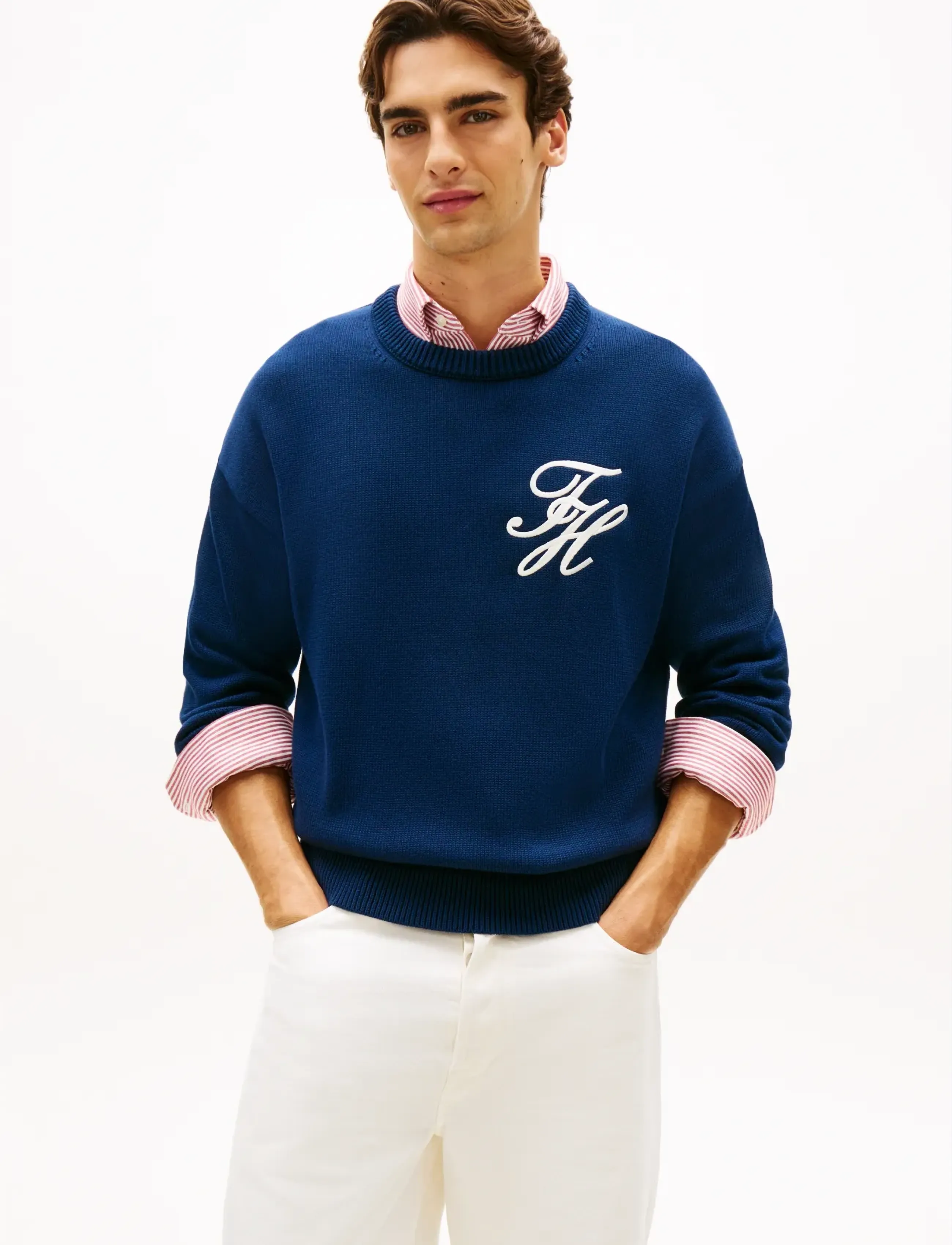 Tommy Hilfiger Chunky Cotton Crew Neck, Mænd, Grovstrikket Rundhals Sweater, Navy, Str: L