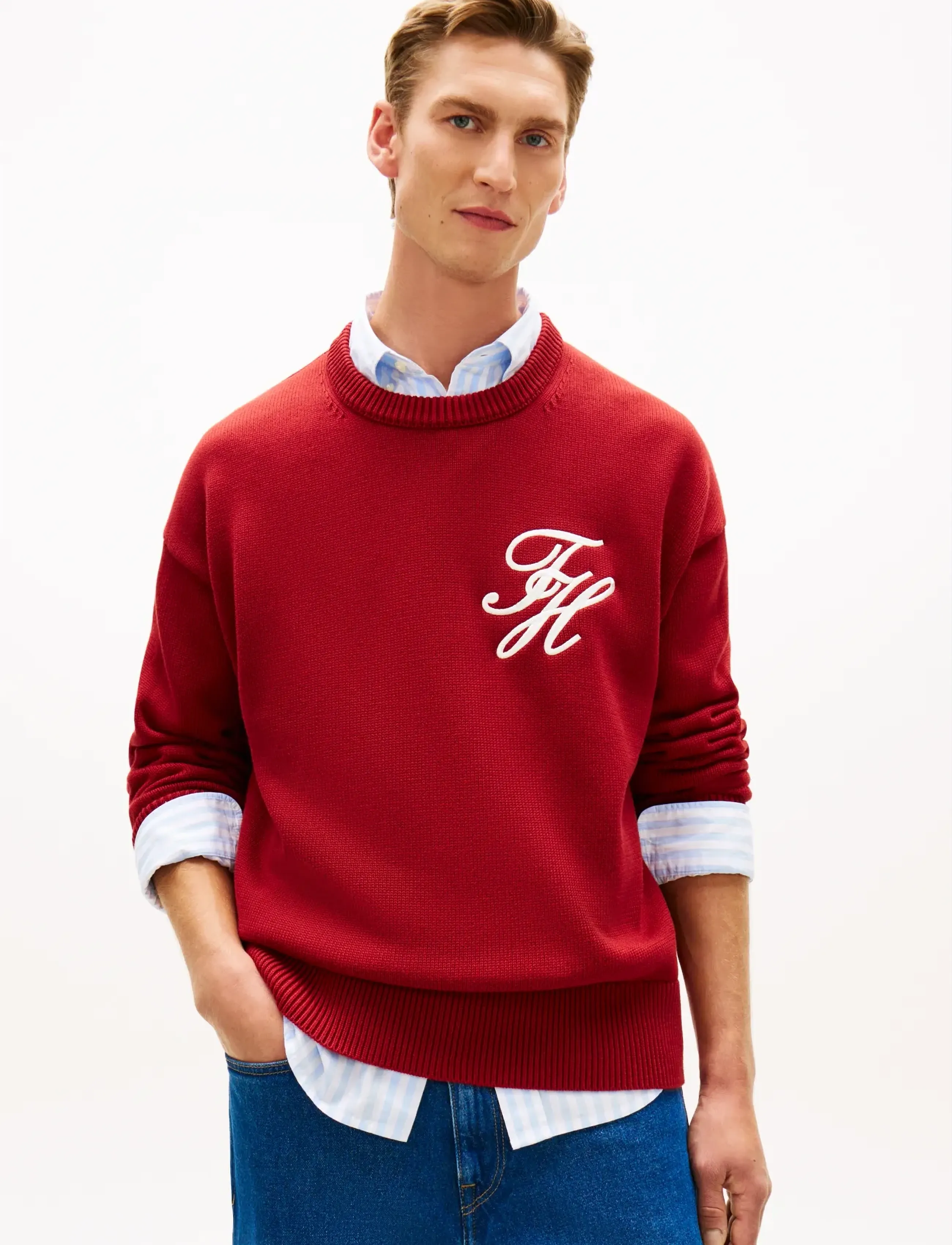 Tommy Hilfiger Chunky Cotton Crew Neck, Mænd, Grovstrikket Rundhals Sweater, Rød, Str: XXL