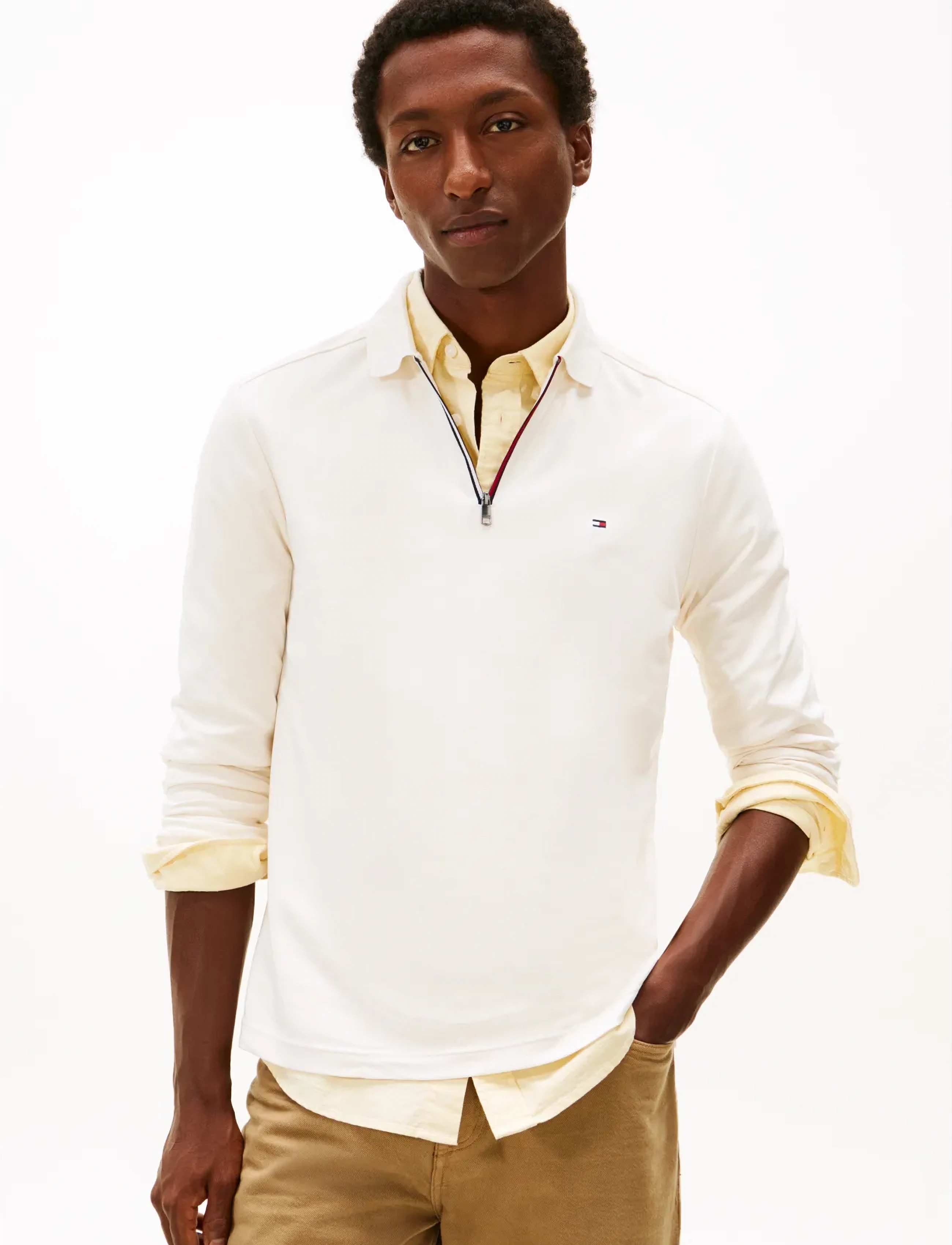 Tommy Hilfiger LS LIQUID RWB ZIP REG POLO - Tommy Hilfiger - IVORY PETAL / cream