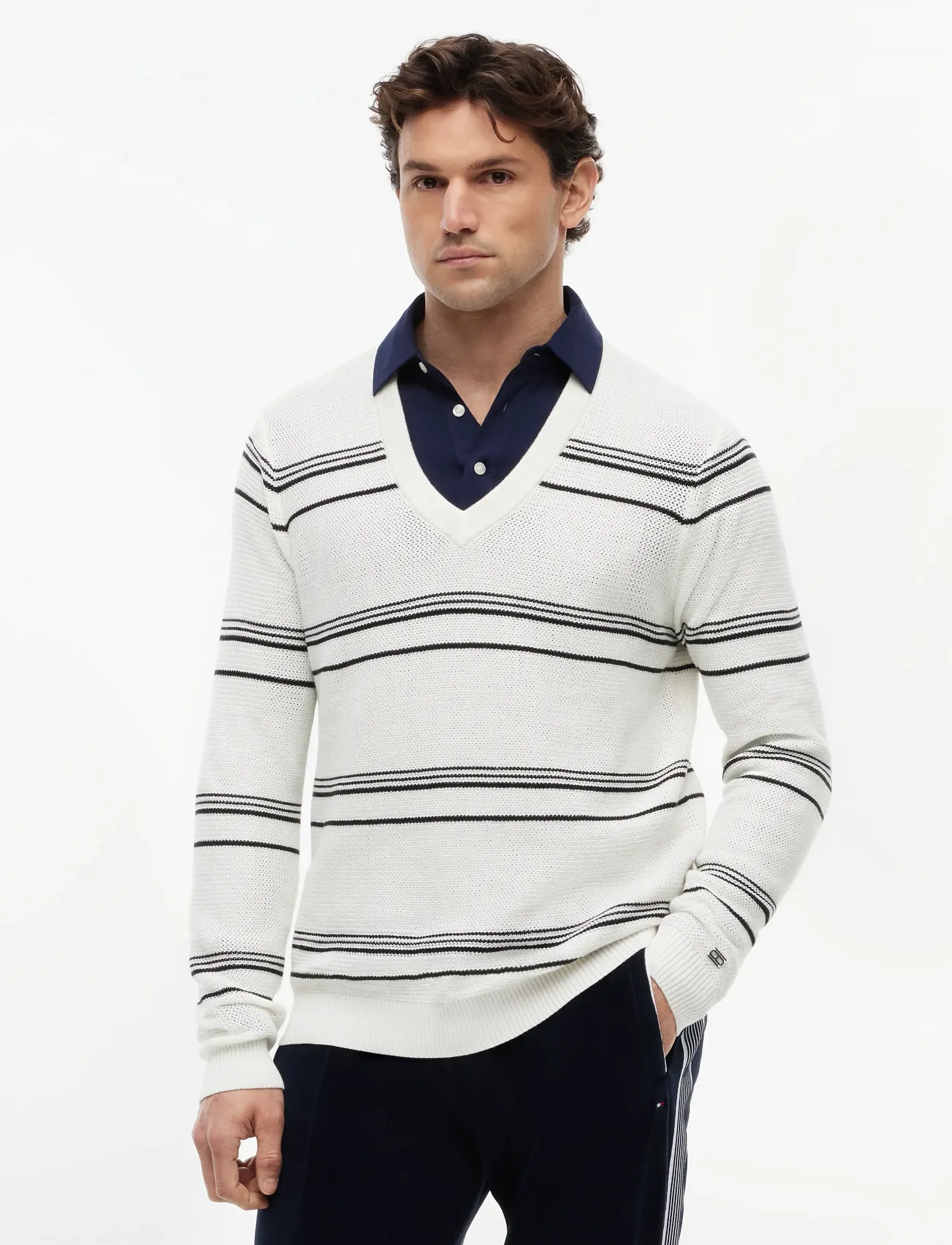 Tommy Hilfiger DC STRIPED V-NECK - Tommy Hilfiger - IVORY BLACK / white