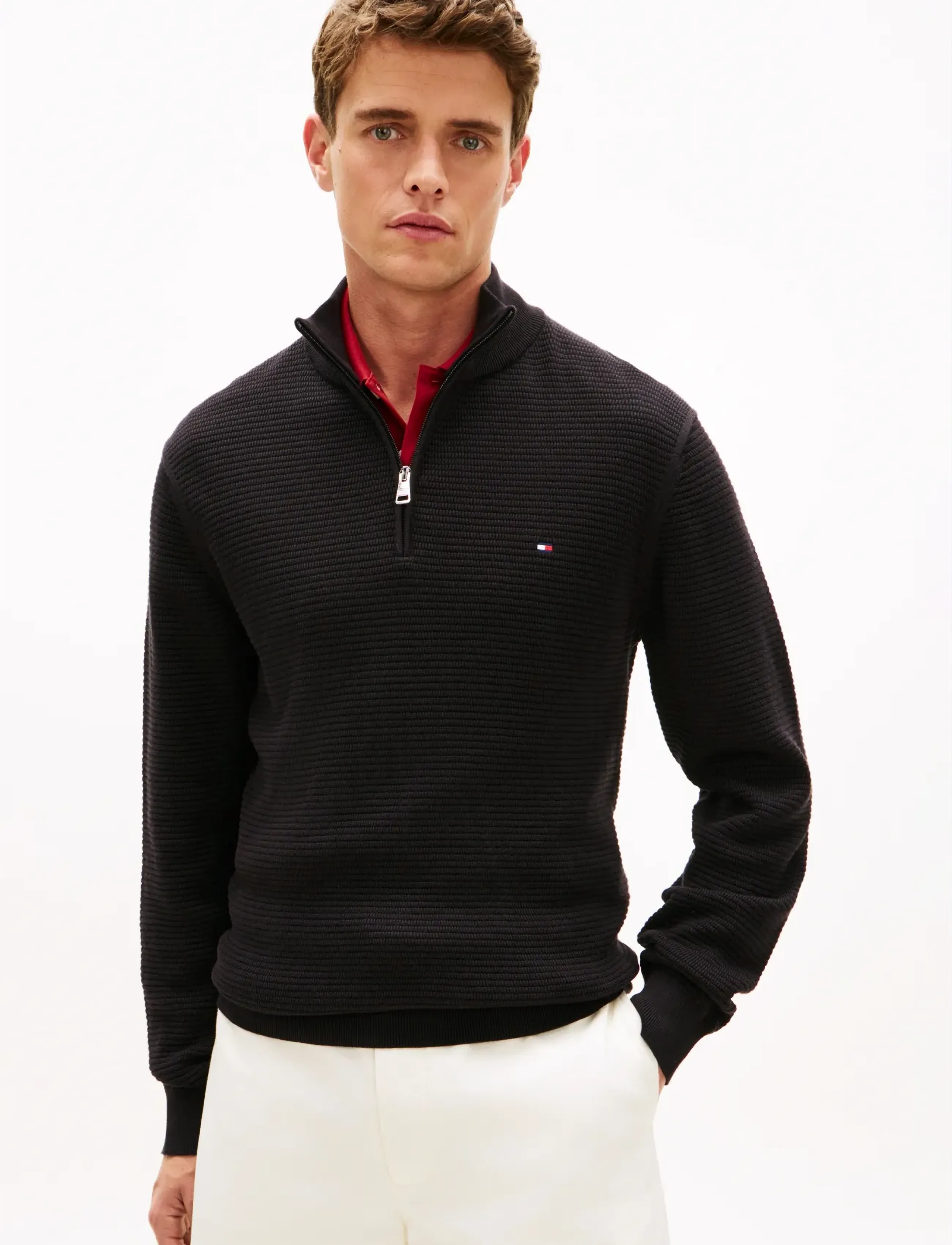 Tommy Hilfiger Seasonal Structure Zip Mock, Mænd, Halvlynlås Mock Neck Sweater, Sort, Str: M