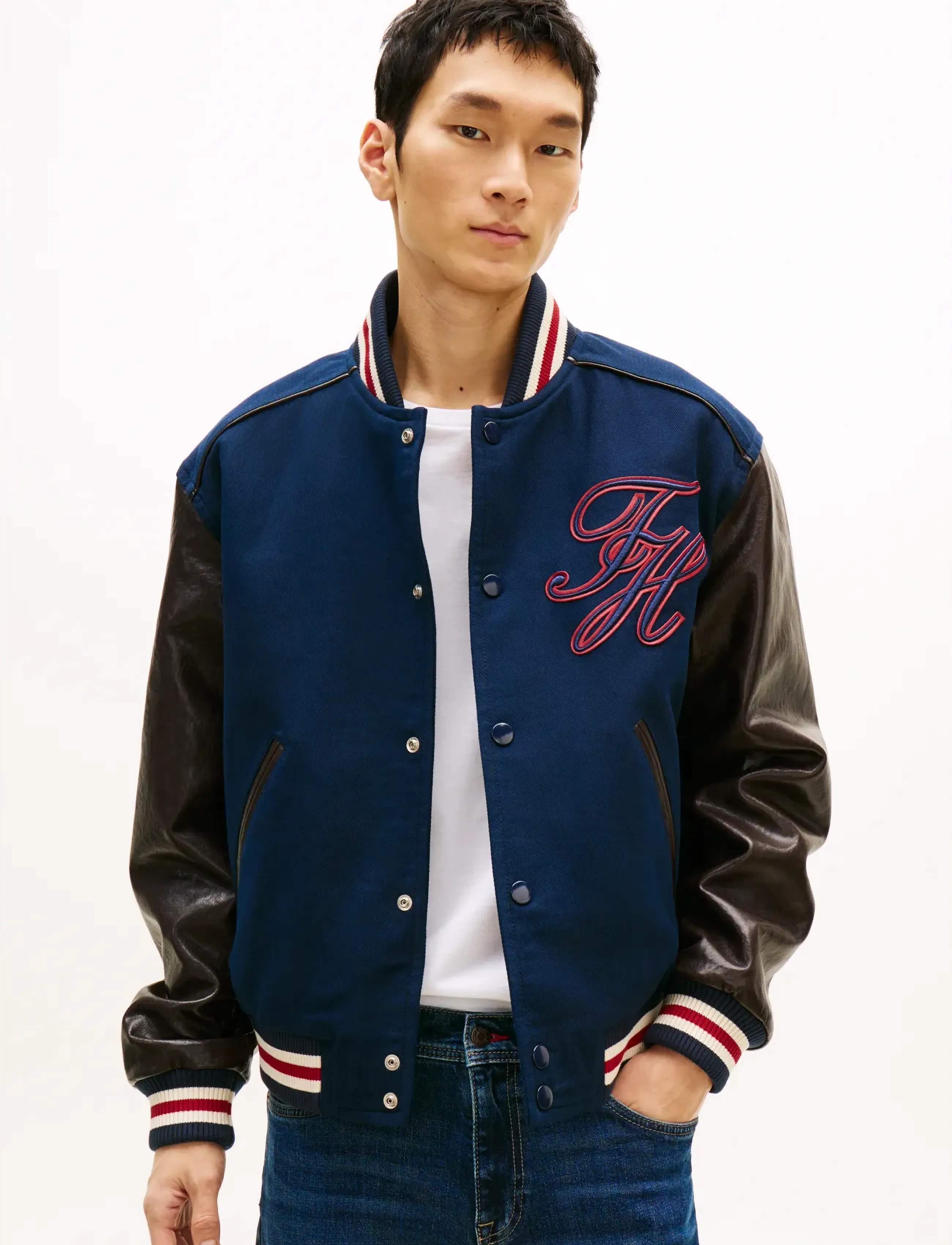 Tommy Hilfiger Leather Varsity Jacket, M, Navy, Jakker > Varsity-Jakker, Herre