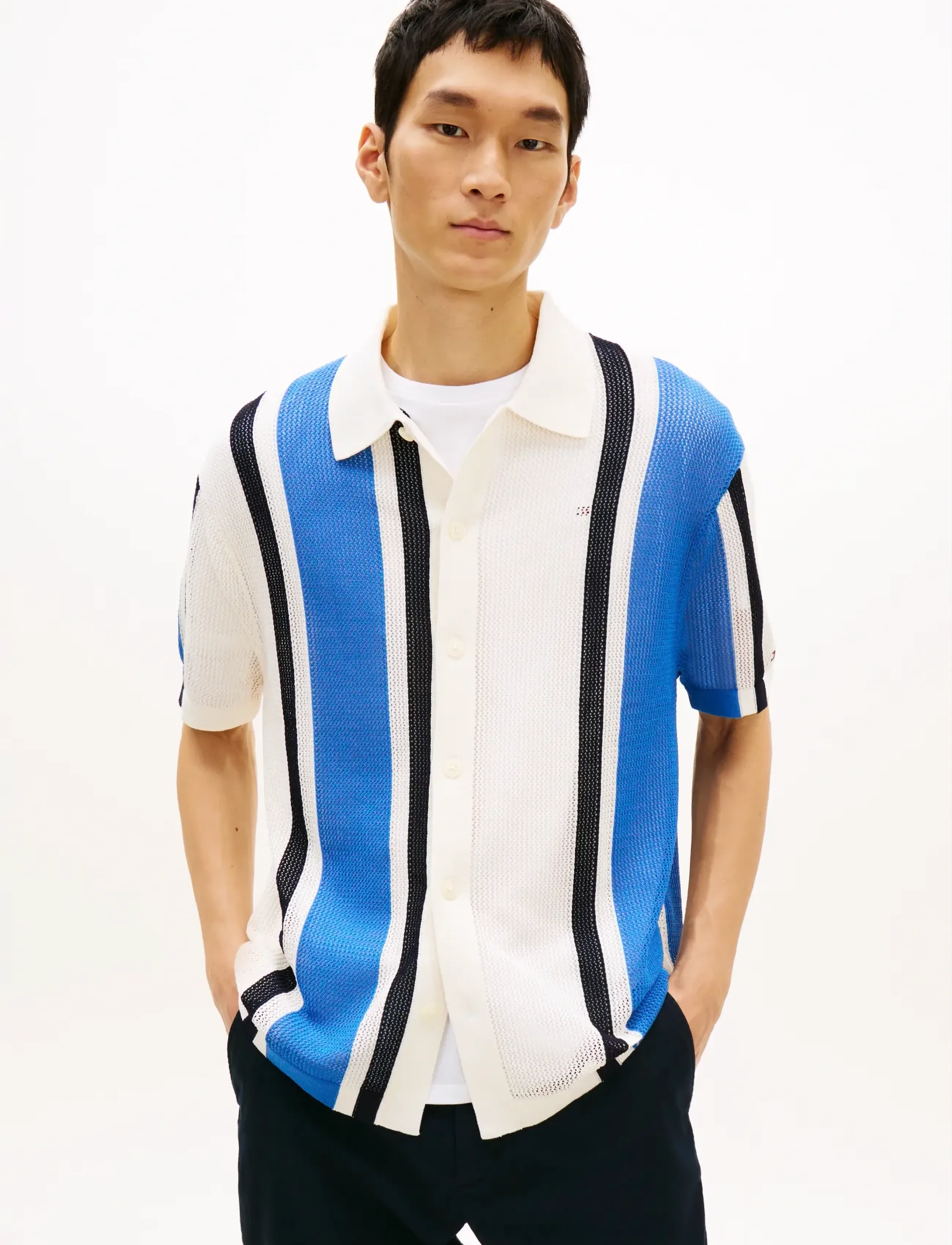 Tommy Hilfiger ATHLEISURE OPEN KNIT SS SHIRT - Stickat - IVORY PETAL / blue