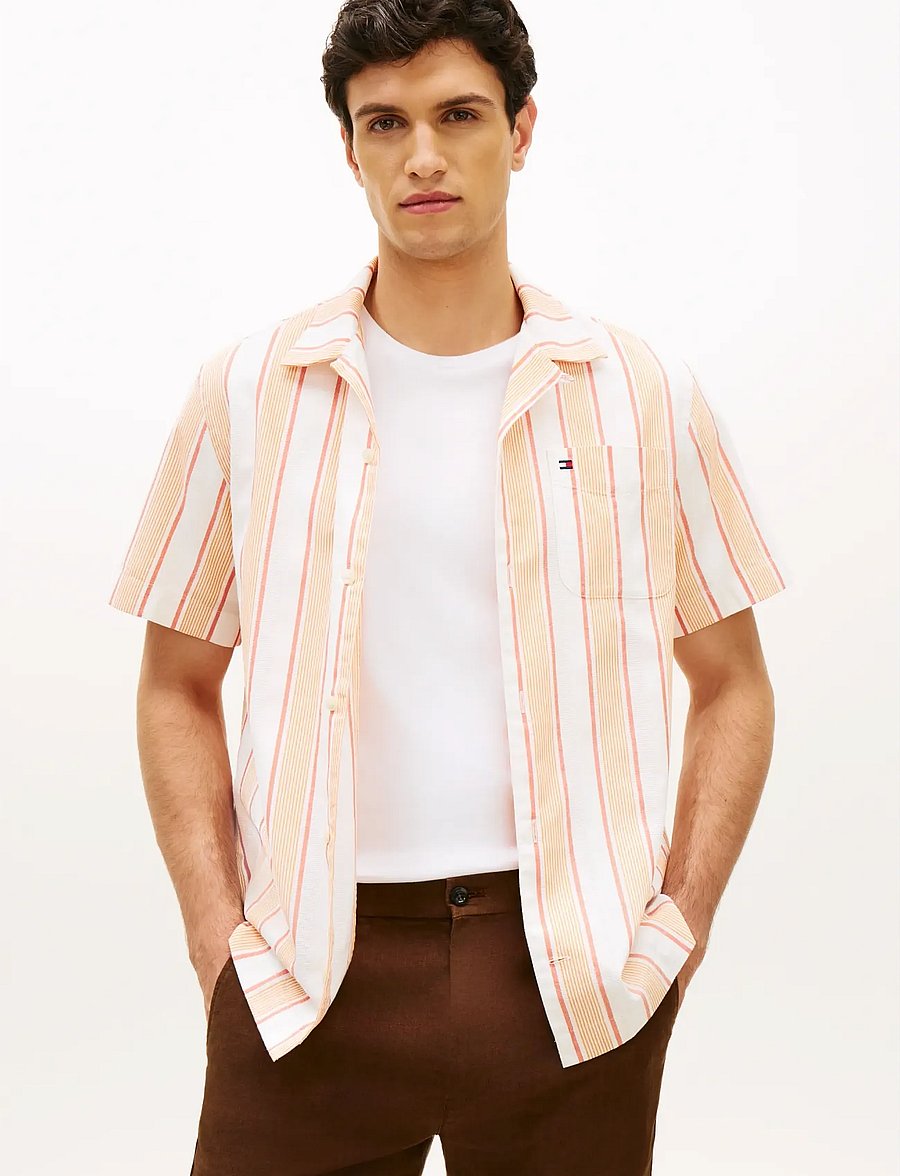 Tommy Hilfiger - OPEN STRUCTURE SHIRT - lühikeste varrukatega särgid - brilliant orange stripe - 0