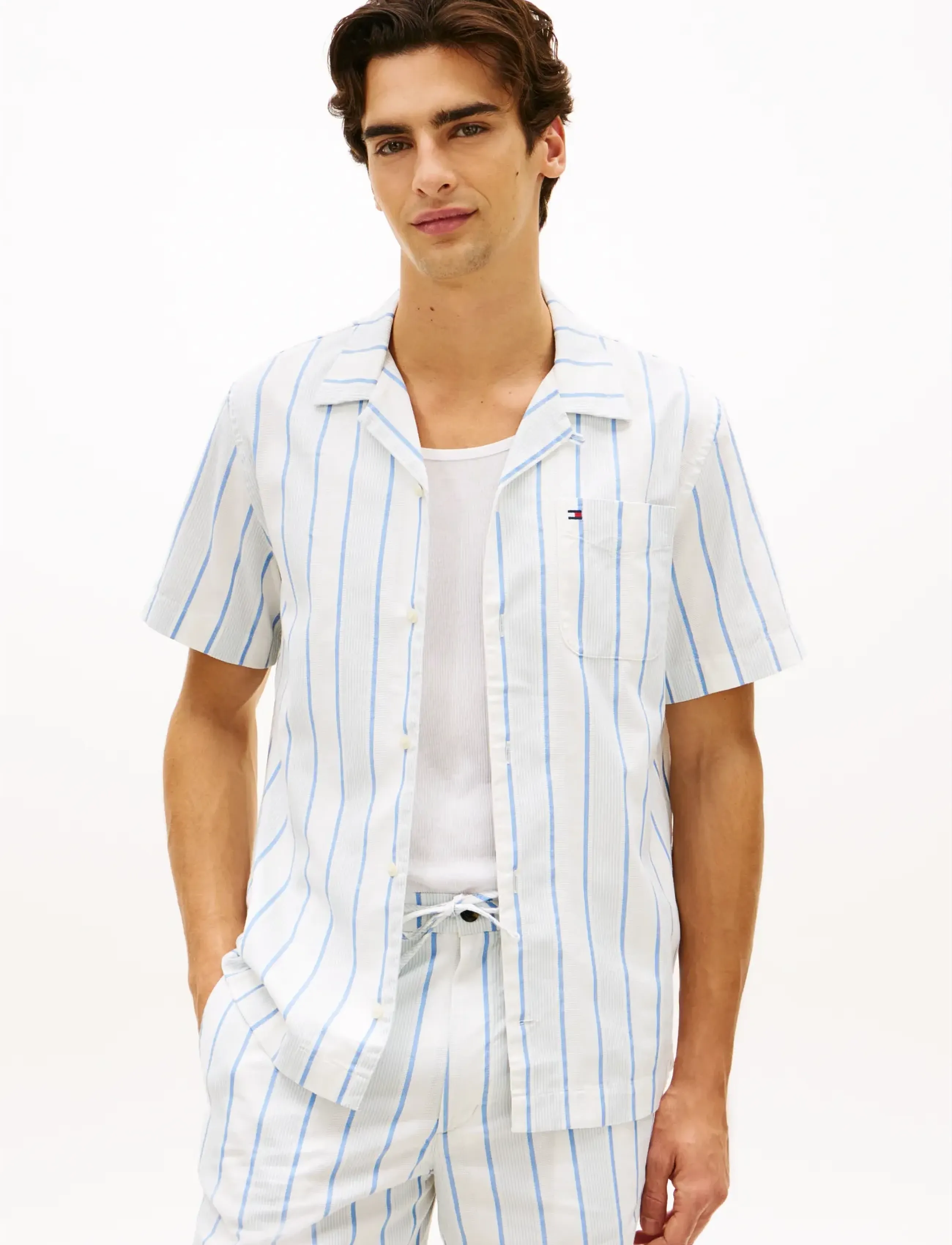 Tommy Hilfiger Open Structure Shirt, Mænd, Stribet Camp Krave Skjorte, Hvid, Str: S