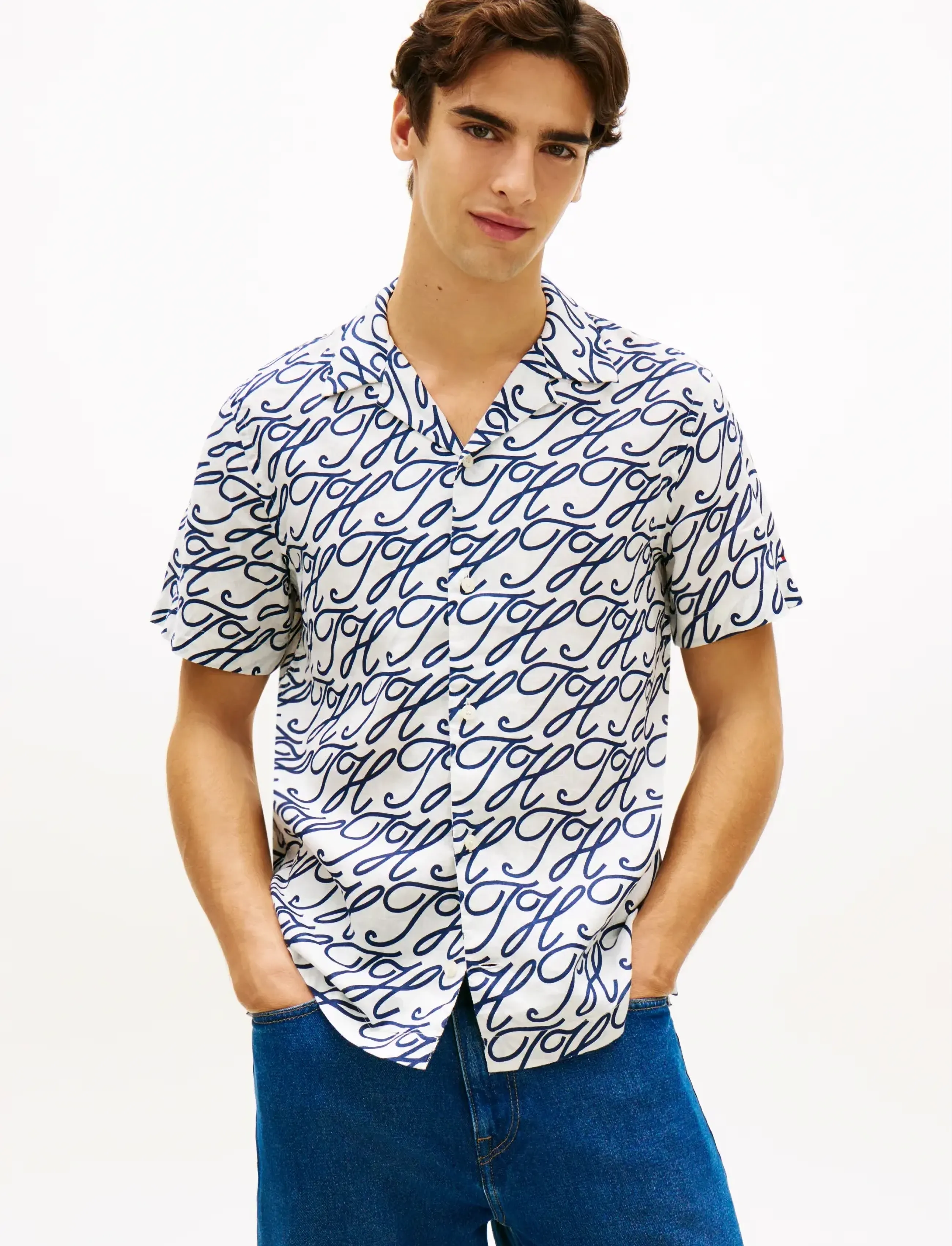 Tommy Hilfiger LINEN CAMP COLLAR SSLV SWIMSHOP - Frühlingsgarderobe - ECRU   ALLOVER / navy