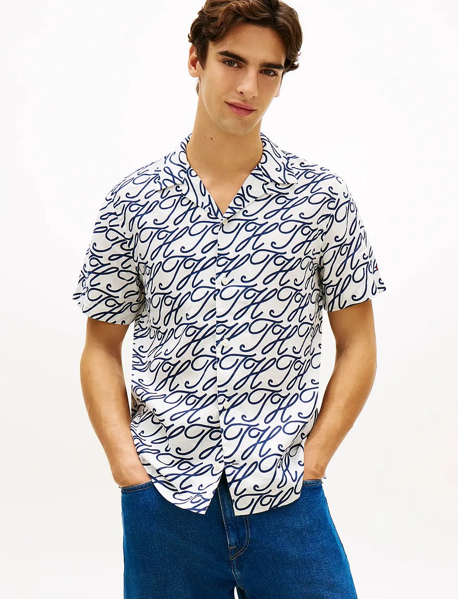 Tommy Hilfiger - LINEN CAMP COLLAR SSLV SWIMSHOP - short-sleeved shirts - ecru allover - 0