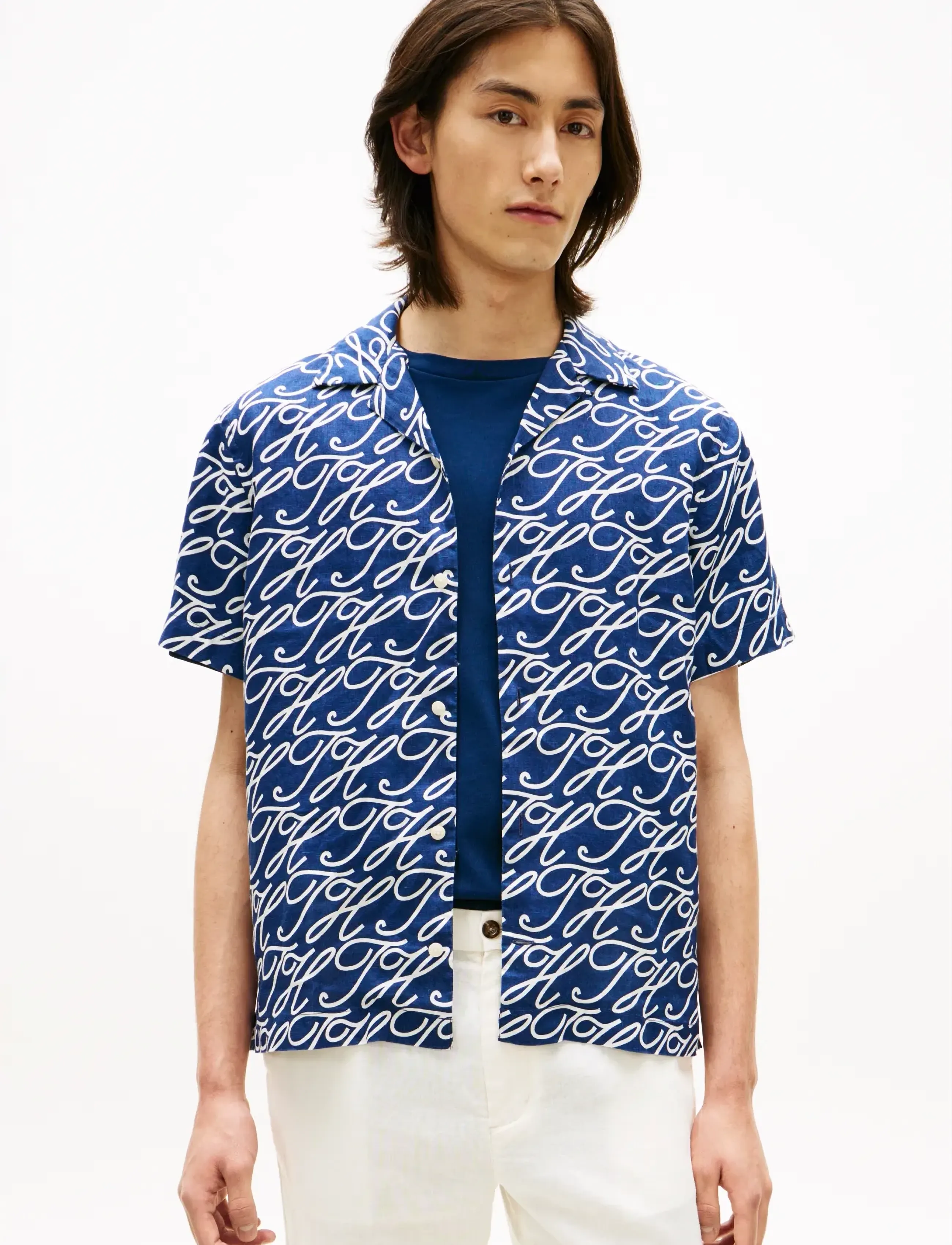 Tommy Hilfiger Linen Camp Collar Sslv Swimshop, Mænd, Hør Kortærmet Camp Collar Skjorte, Blå, Str: XL