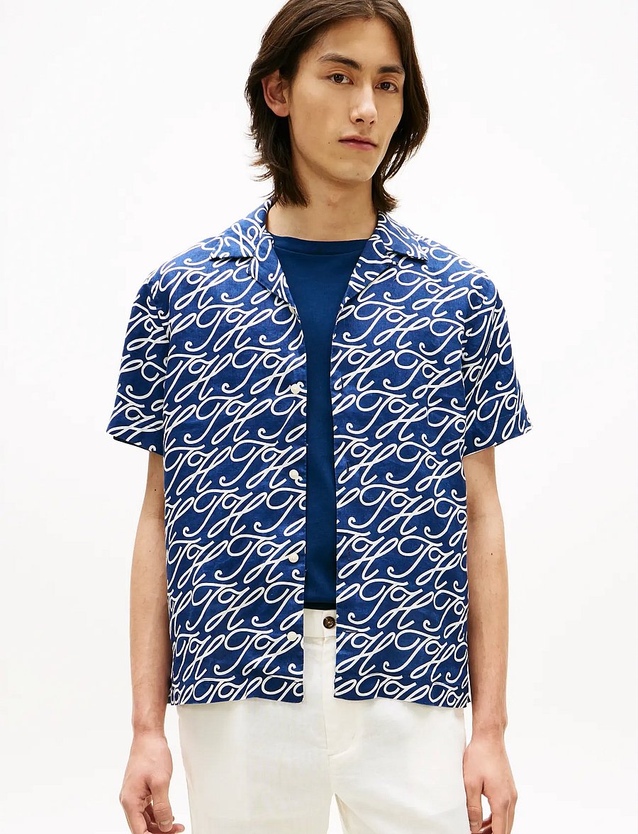 Tommy Hilfiger - LINEN CAMP COLLAR SSLV SWIMSHOP - stytterma skyrtur - preppy navy allover - 0