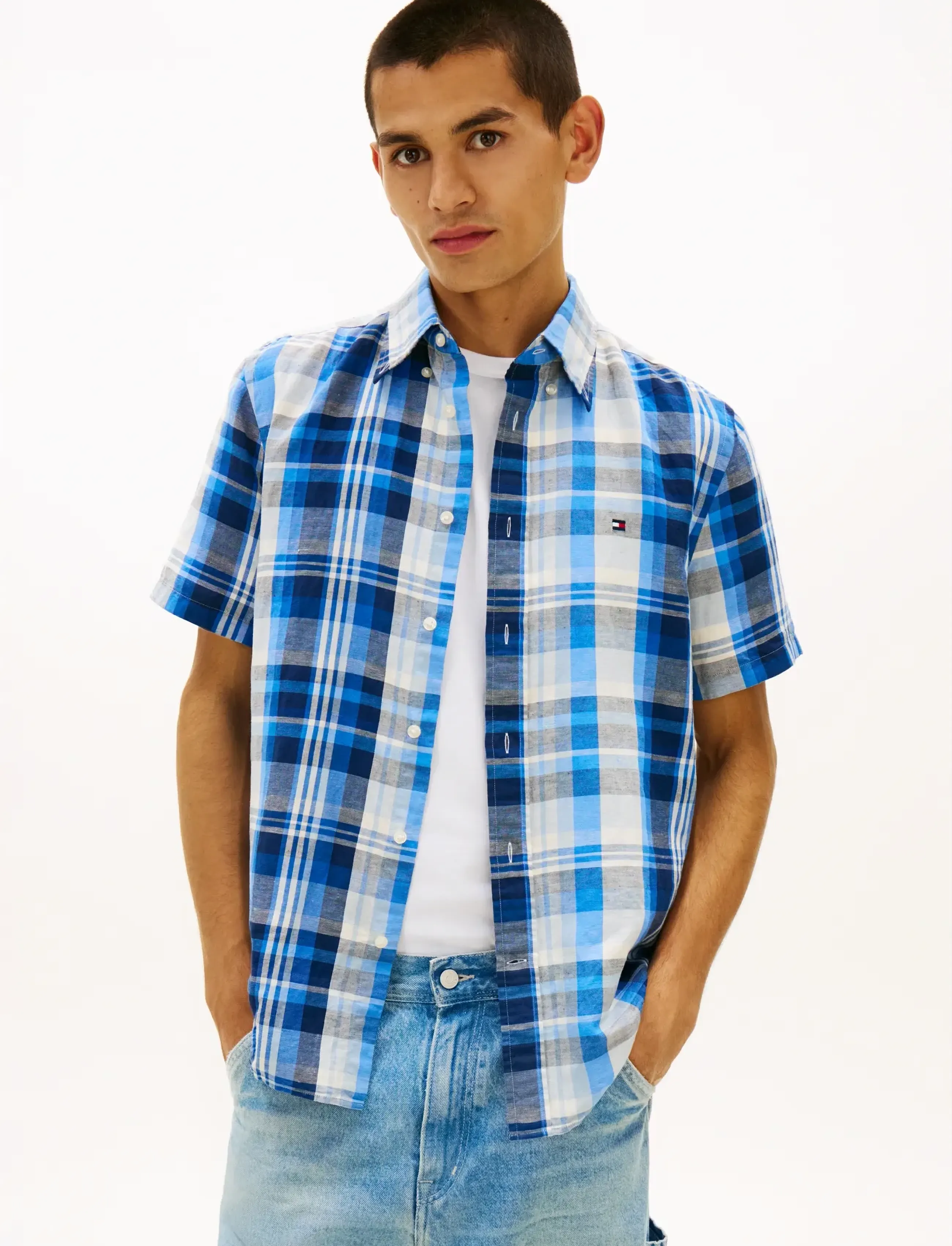 Tommy Hilfiger Linen Blend Check Plaid S/S, M, Shirts, Blau - Short-sleeved Männerswear