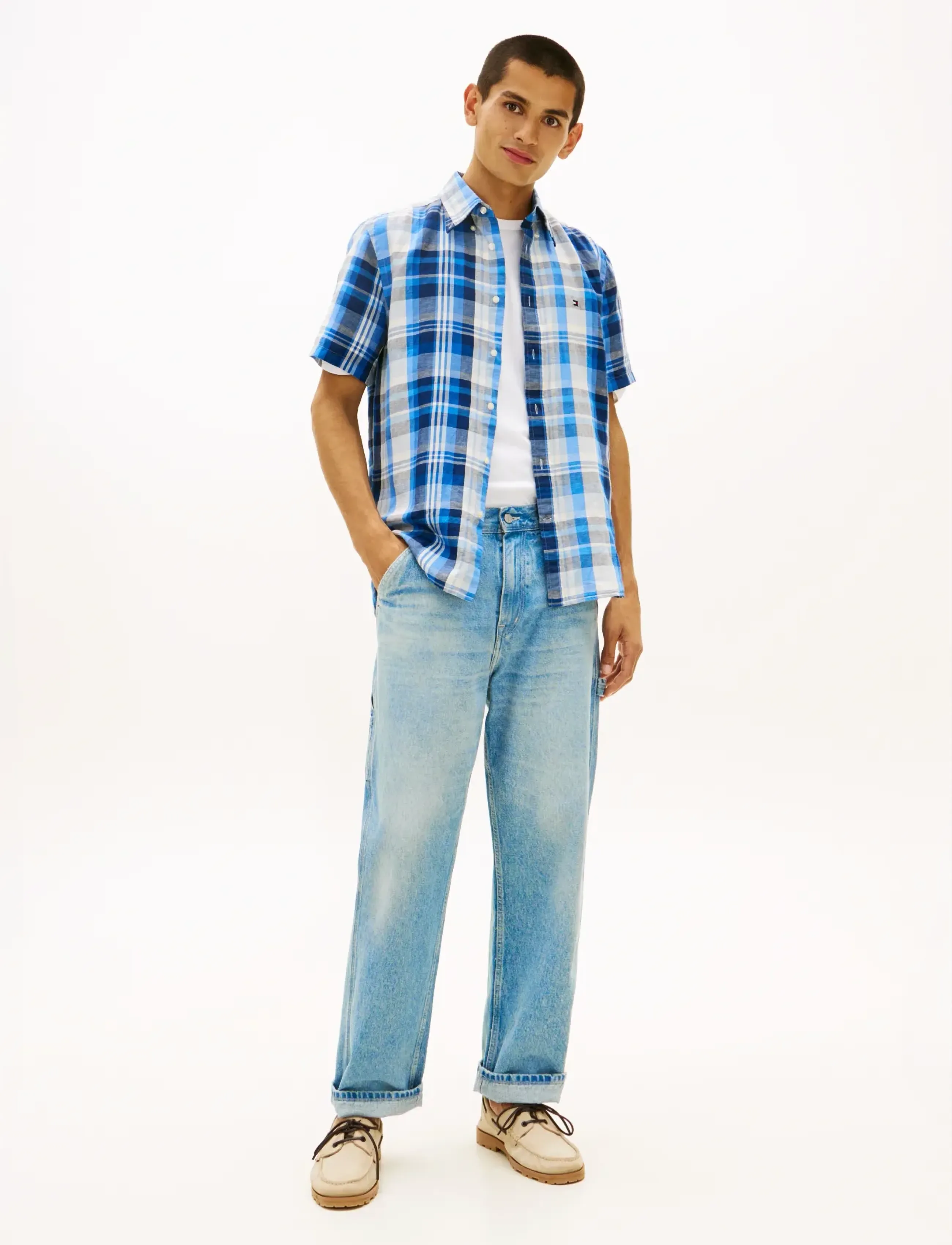 Tommy Hilfiger - LINEN BLEND CHECK PLAID S/S - kortärmade skjortor - preppy navy check - 3