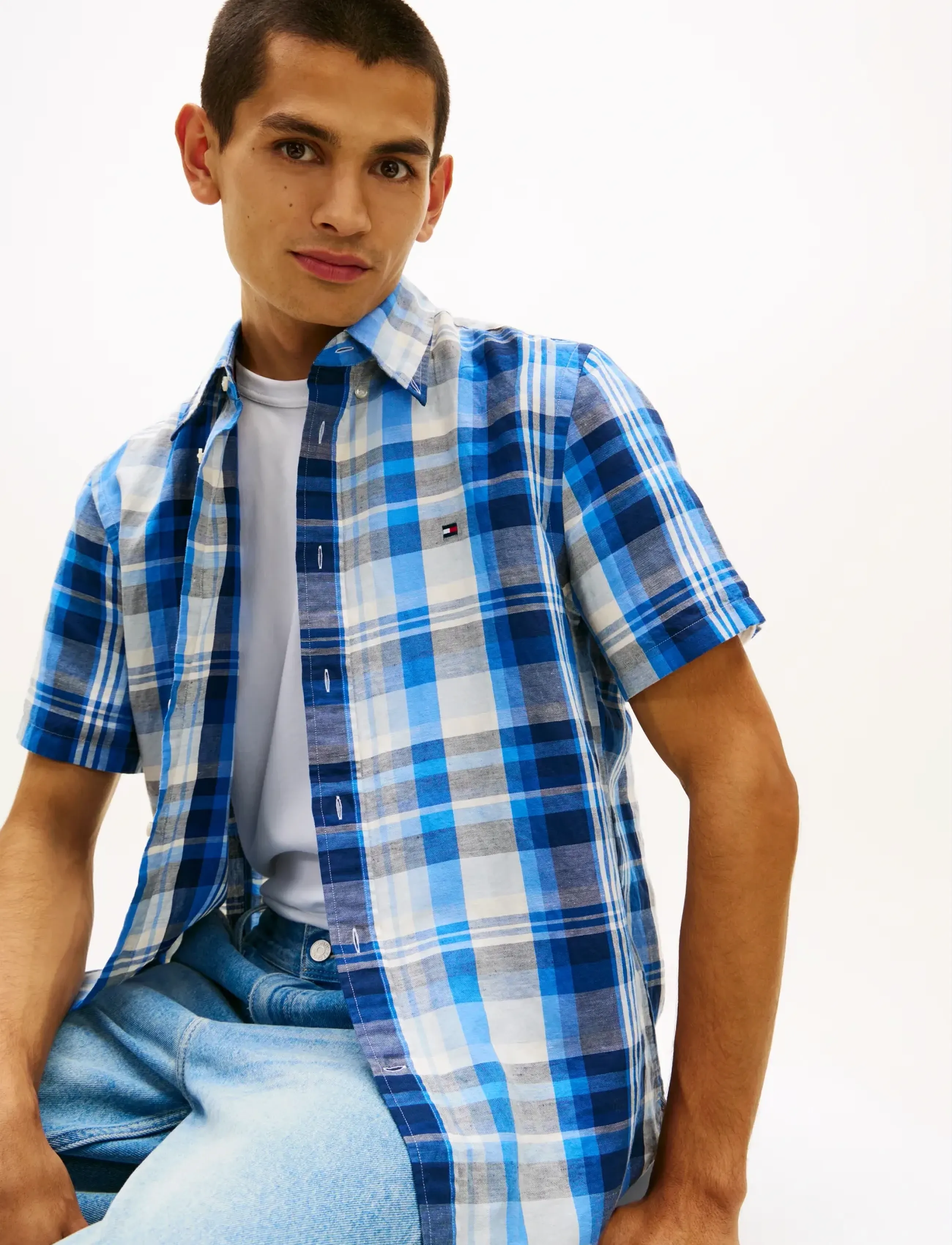 Tommy Hilfiger - LINEN BLEND CHECK PLAID S/S - short-sleeved shirts - preppy navy   check - 4