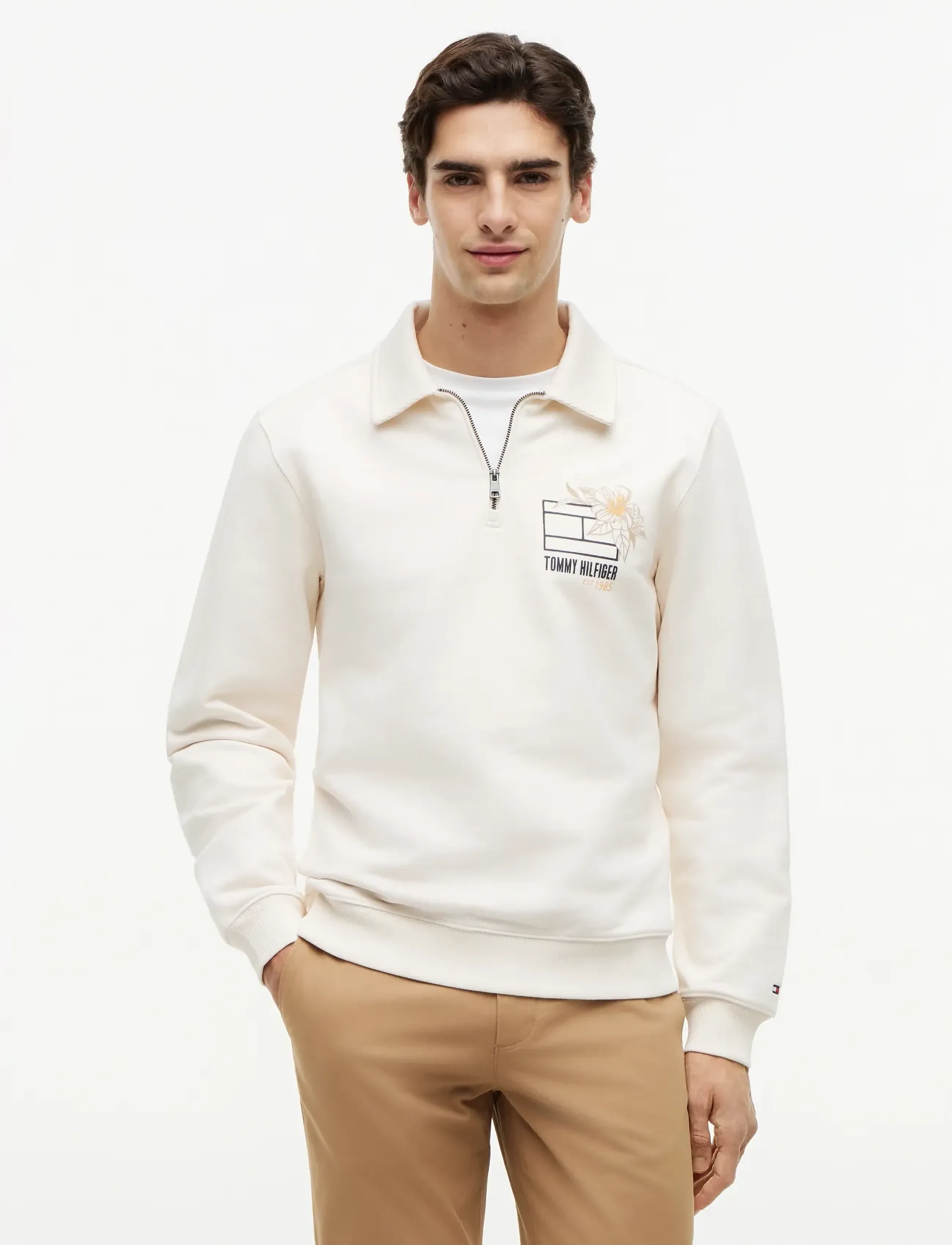 Tommy Hilfiger Summer Floral Graphic Rugby Crew, XS, Cream, Sweatshirts & Hættetrøjer > Sweatshirts, Herre