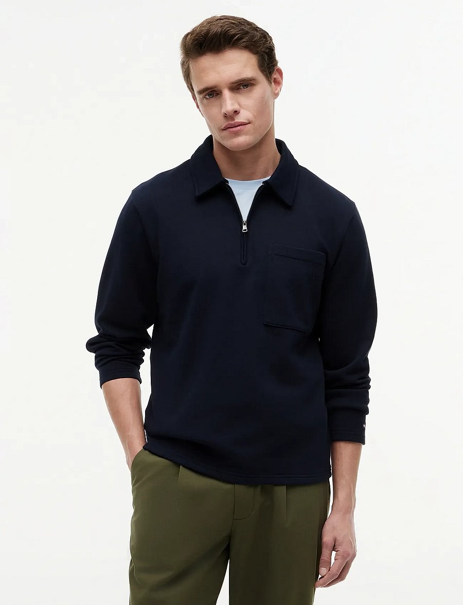 Tommy Hilfiger - ESSENTIAL TERRY POCKET 1/4 ZIP - long-sleeved knitted polos - desert sky - 0