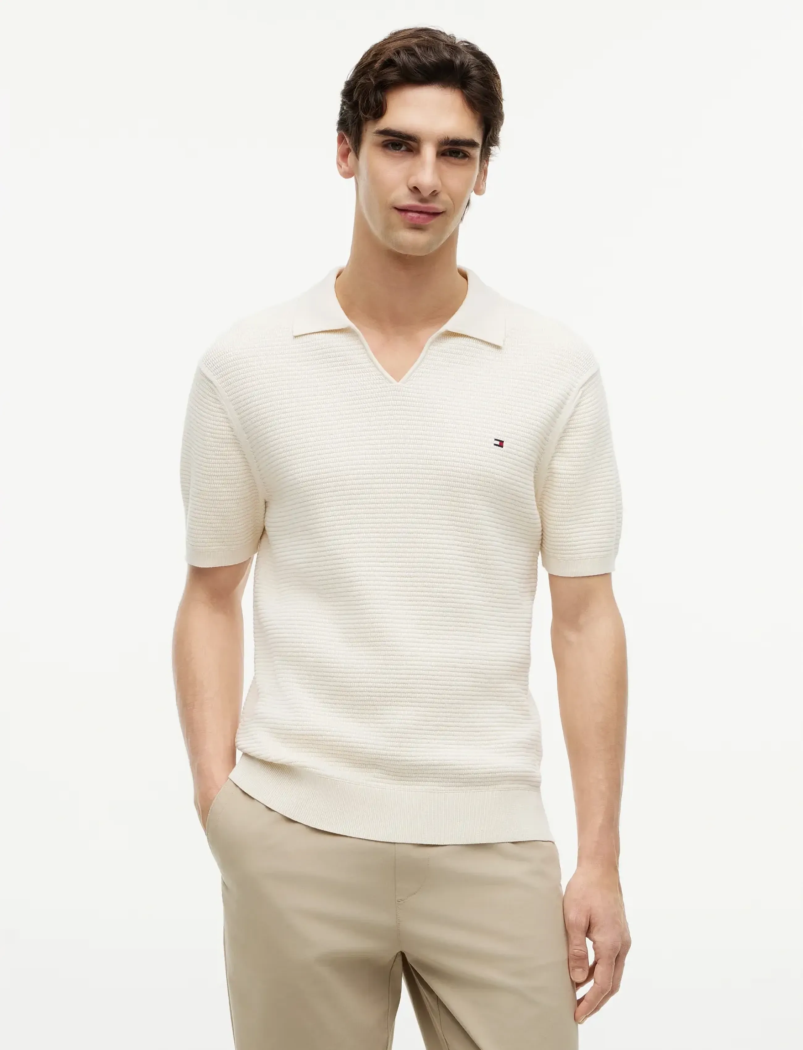 Tommy Hilfiger Seasonal Structure Ss Jonny Polo, Mænd, Struktureret Kortærmet Polo T-shirt med Åben Krave, Cream, Str: XL