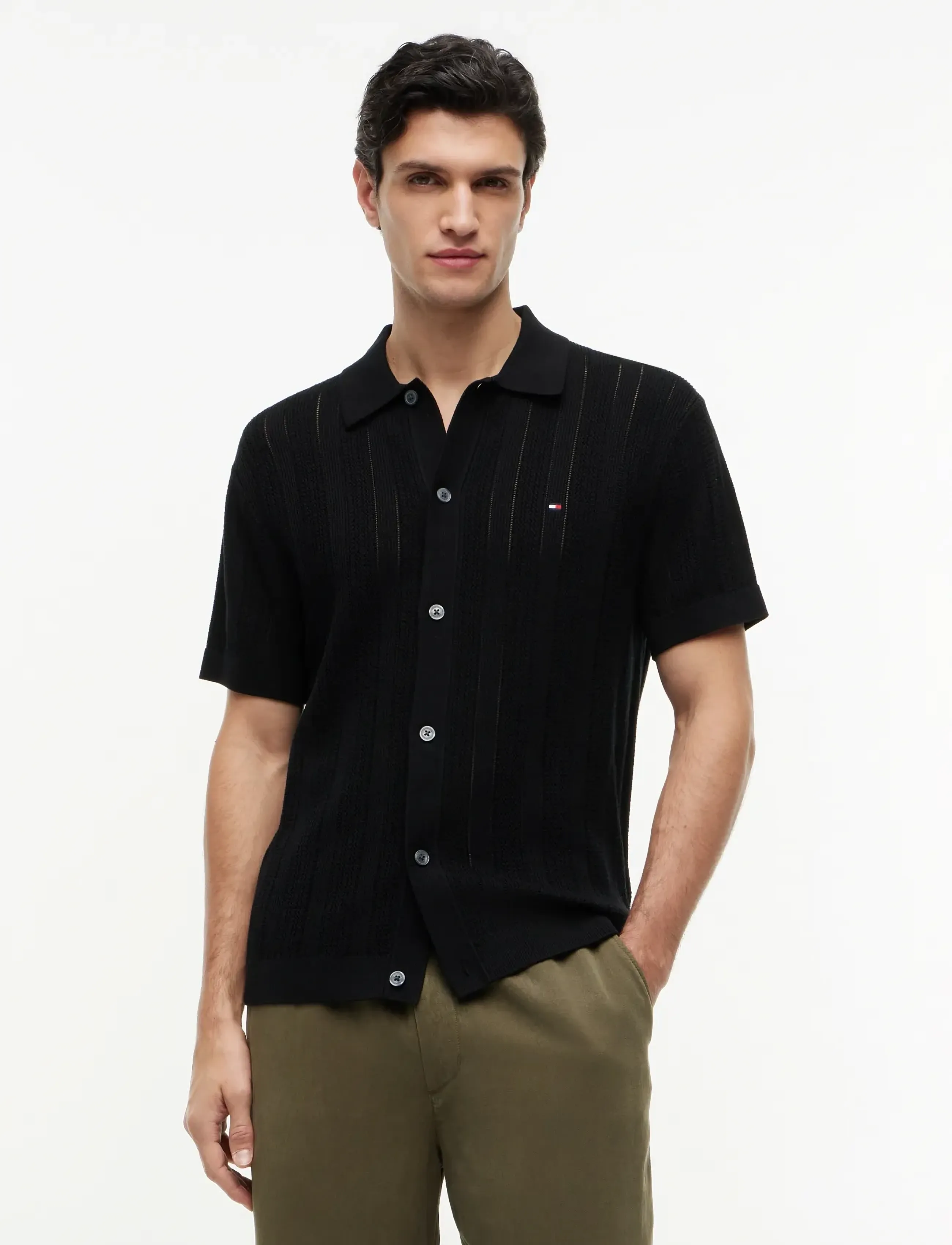 Tommy Hilfiger POINTELLE STRUCTURE SS SHIRT - Tommy Hilfiger - BLACK HEATHER / black