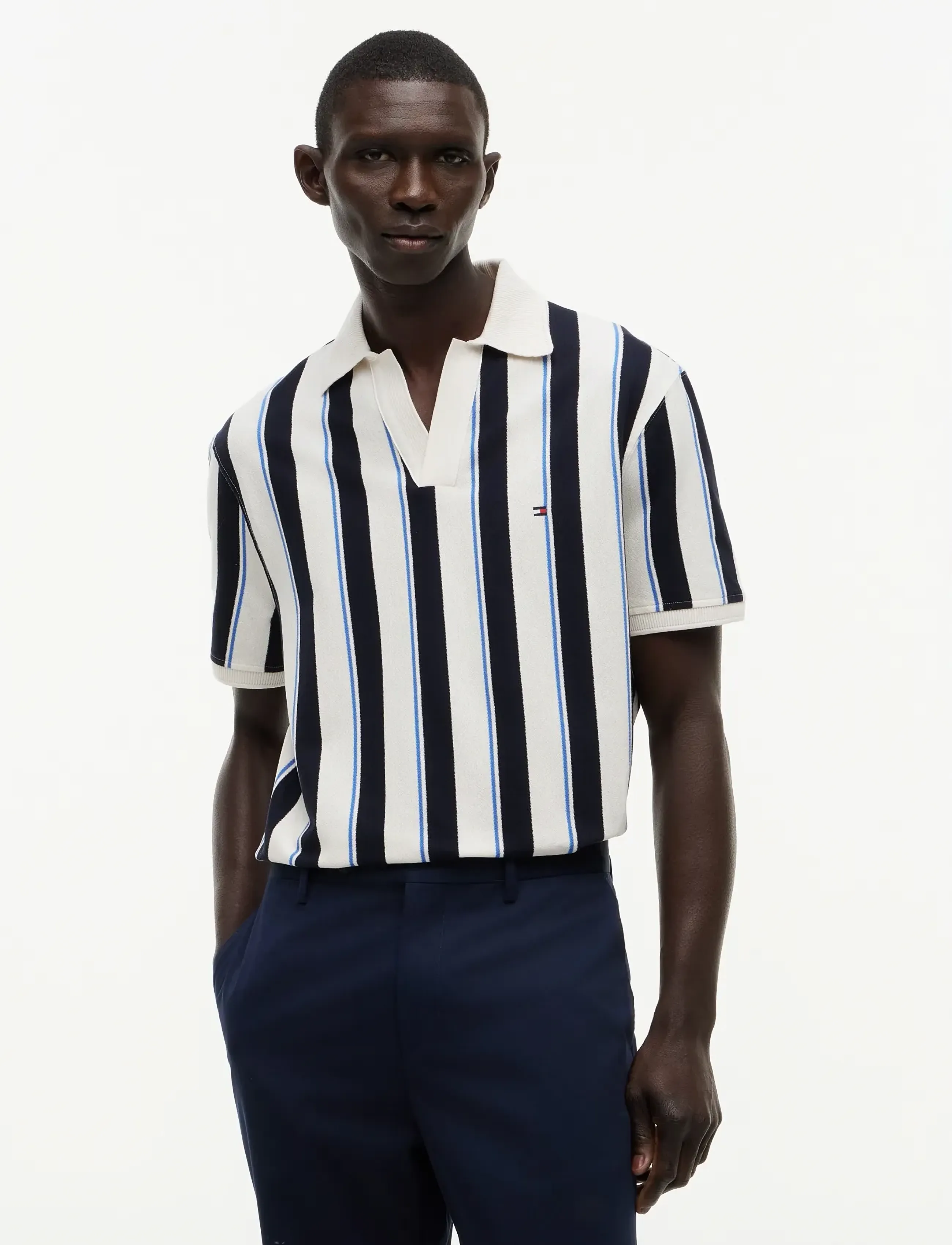 Tommy Hilfiger V NECK CREPE CLASSIC POLO - Kortärmade pikéer - IVORY PETAL   DESERT SKY / navy