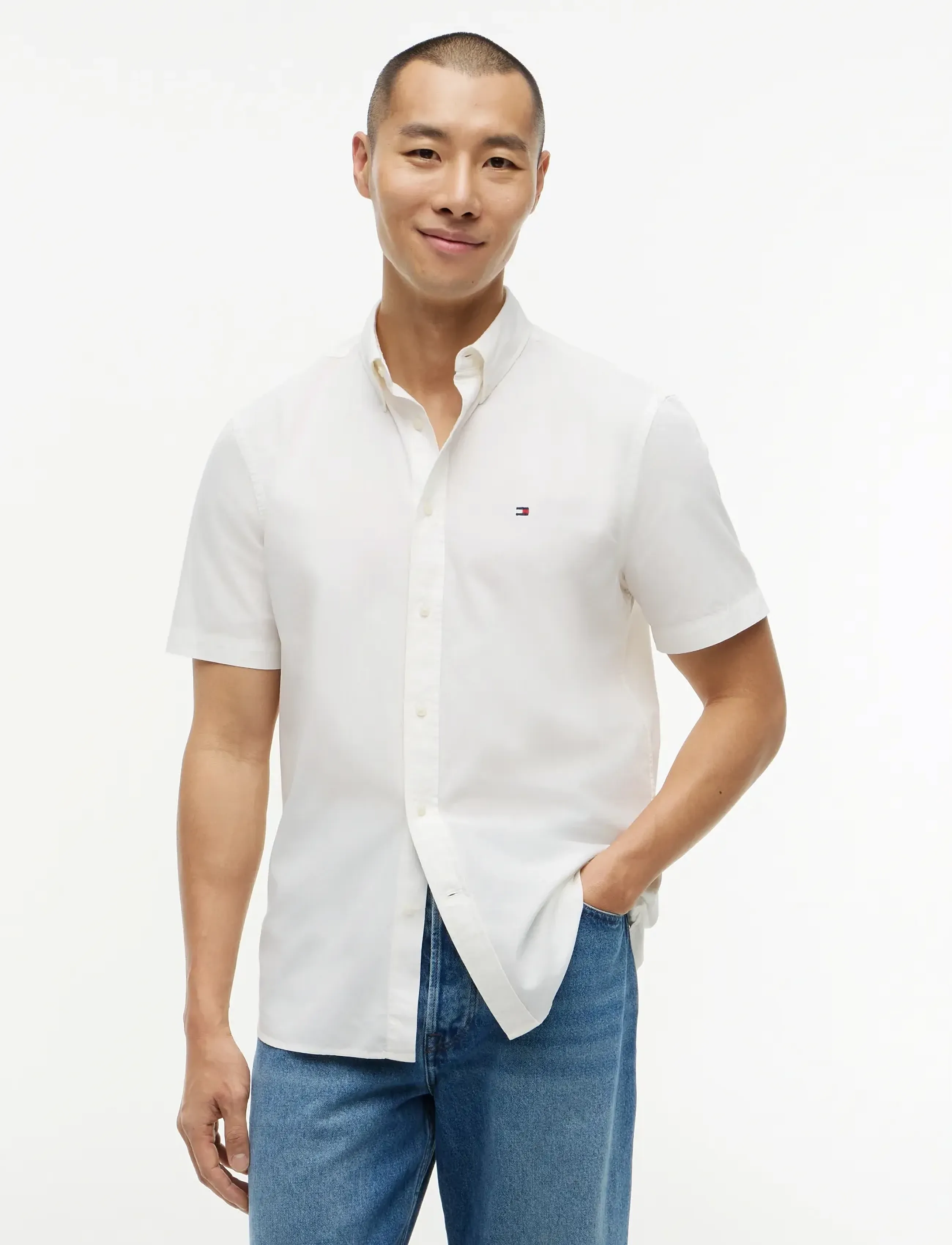 Tommy Hilfiger Gmd Poplin Btd S/S Shirt, L, White, Skjorter > Kortærmede Shirts, Herre