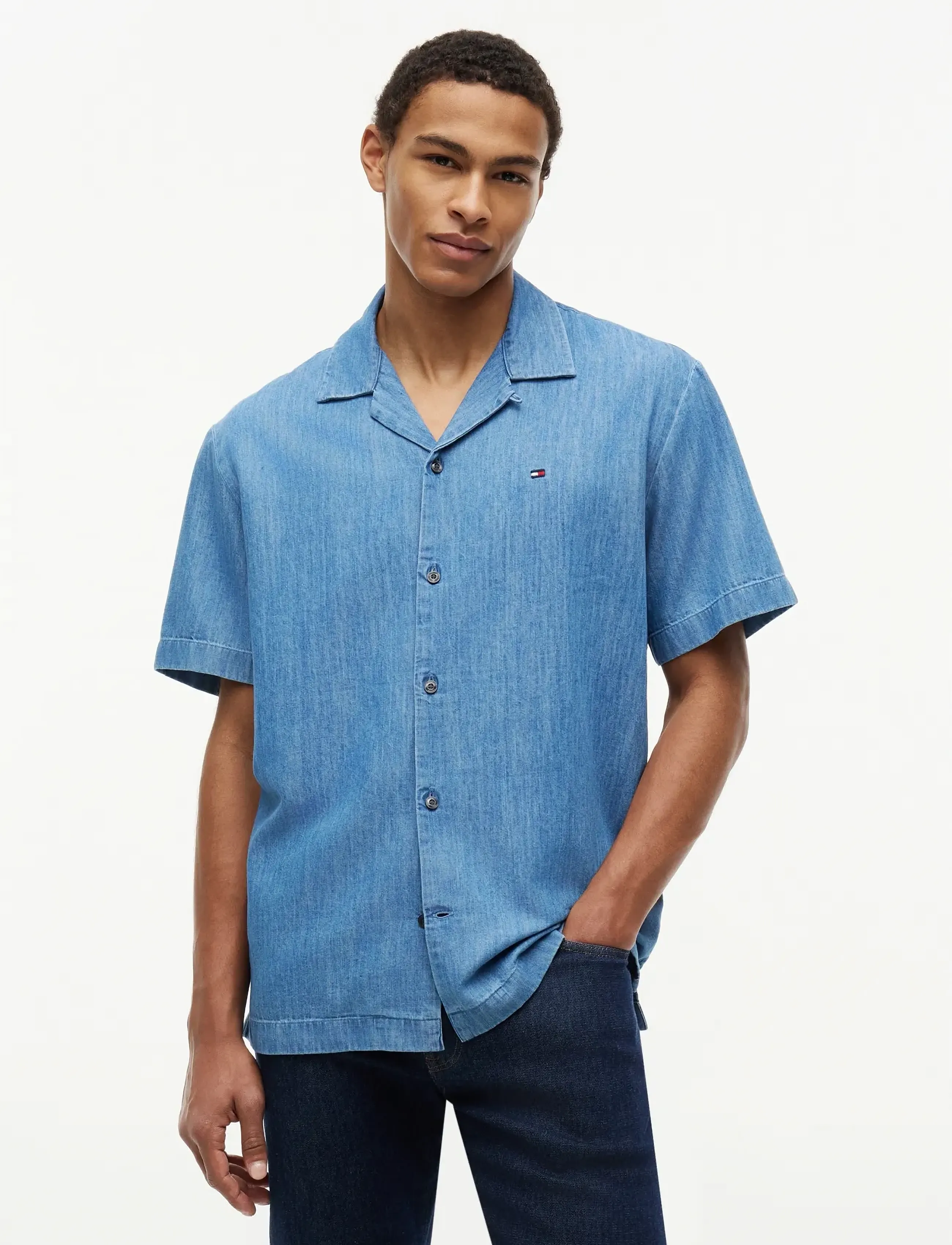 Tommy Hilfiger Denim Camp Collar Shirt, M, Blue, Skjorter > Kortærmede Shirts, Herre