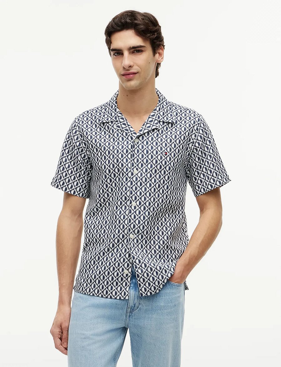 Tommy Hilfiger - LINEN BLEND AOP SS RF SHIRT - short-sleeved shirts - carbon navy allover - 0