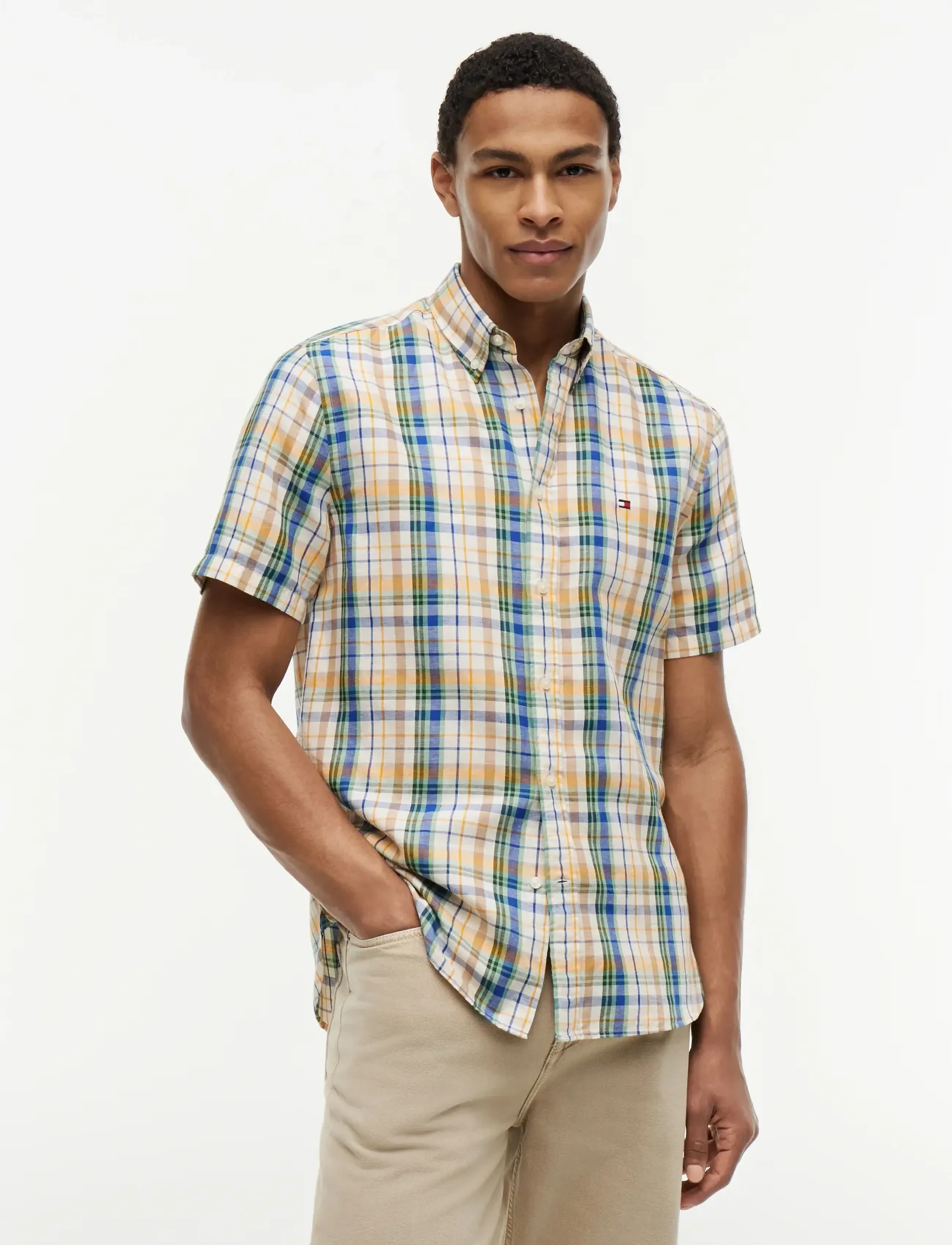 Tommy Hilfiger Linen Blend Madras S/S Sht, Mænd, Madras Kortærmet Skjorte, Multi/mønstret, Str: XS