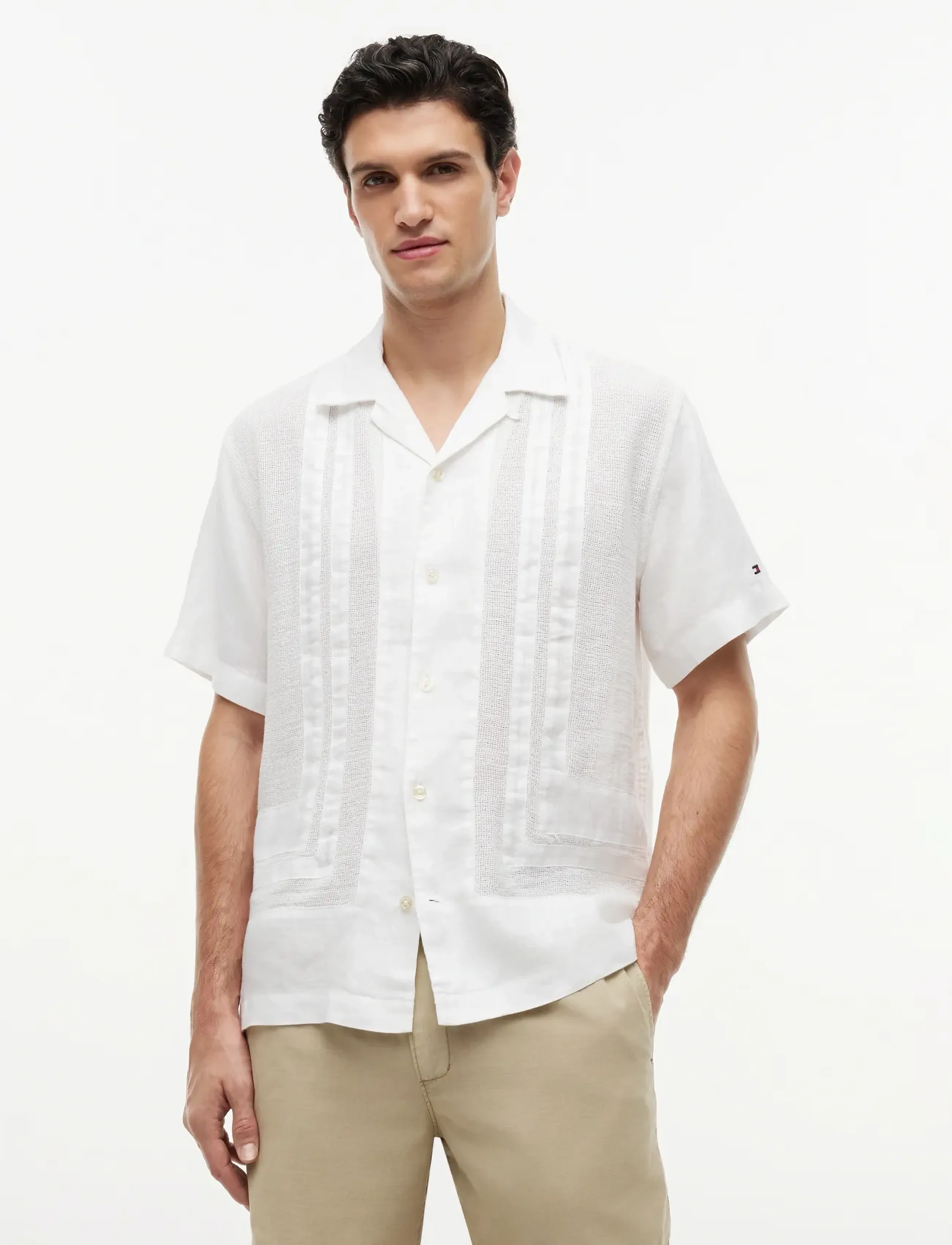 Tommy Hilfiger Linen Mesh Structure Shirt, S, White, Skjorter > Kortærmede Shirts, Herre