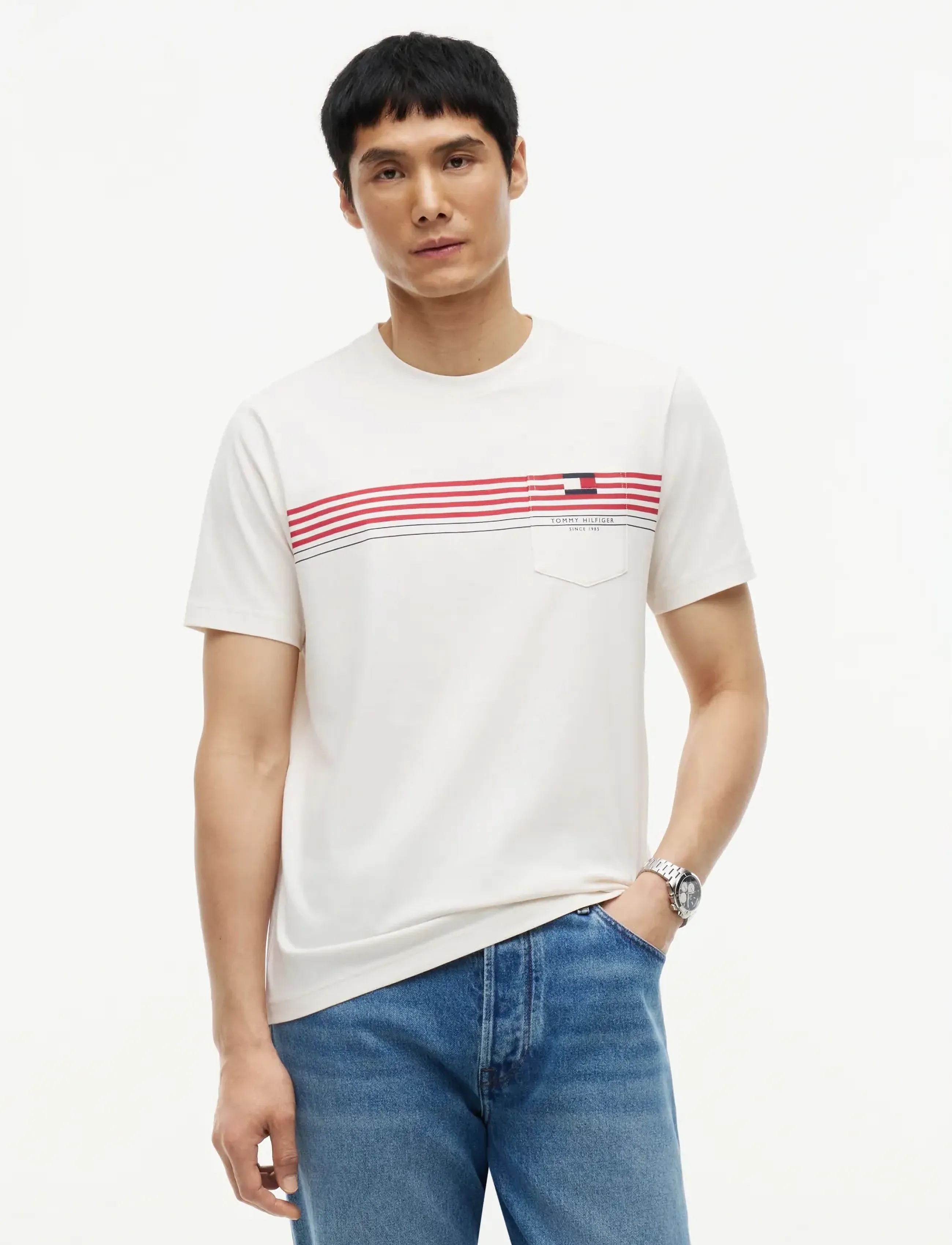 Tommy Hilfiger Rwb Placed Stripe Reg Tee, XXL, Cream, T-Shirts > Kortærmede, Herre