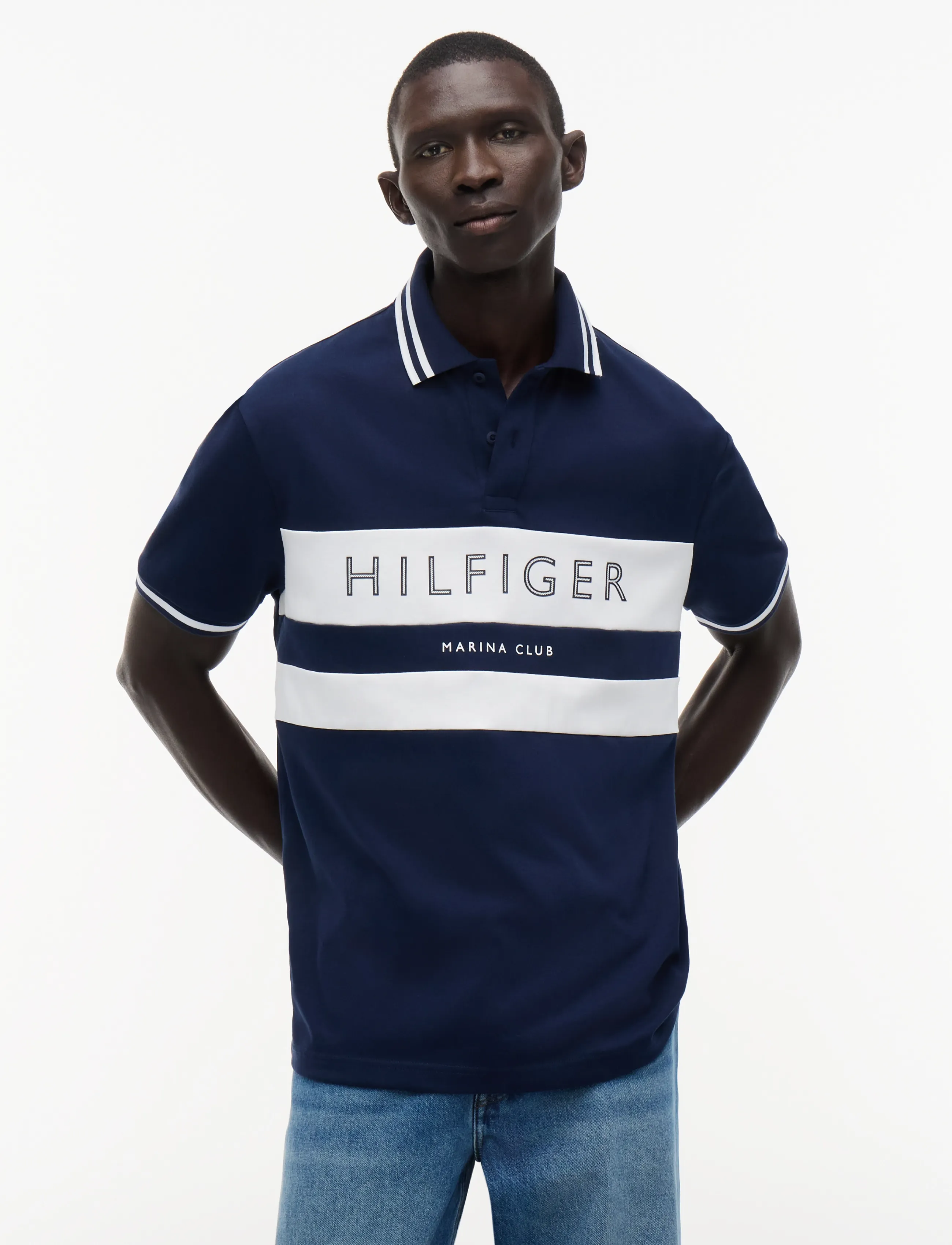 Tommy Hilfiger Ath Chest Branding Reg Polo, Stribet Poloshirt, Navy, Str: XL