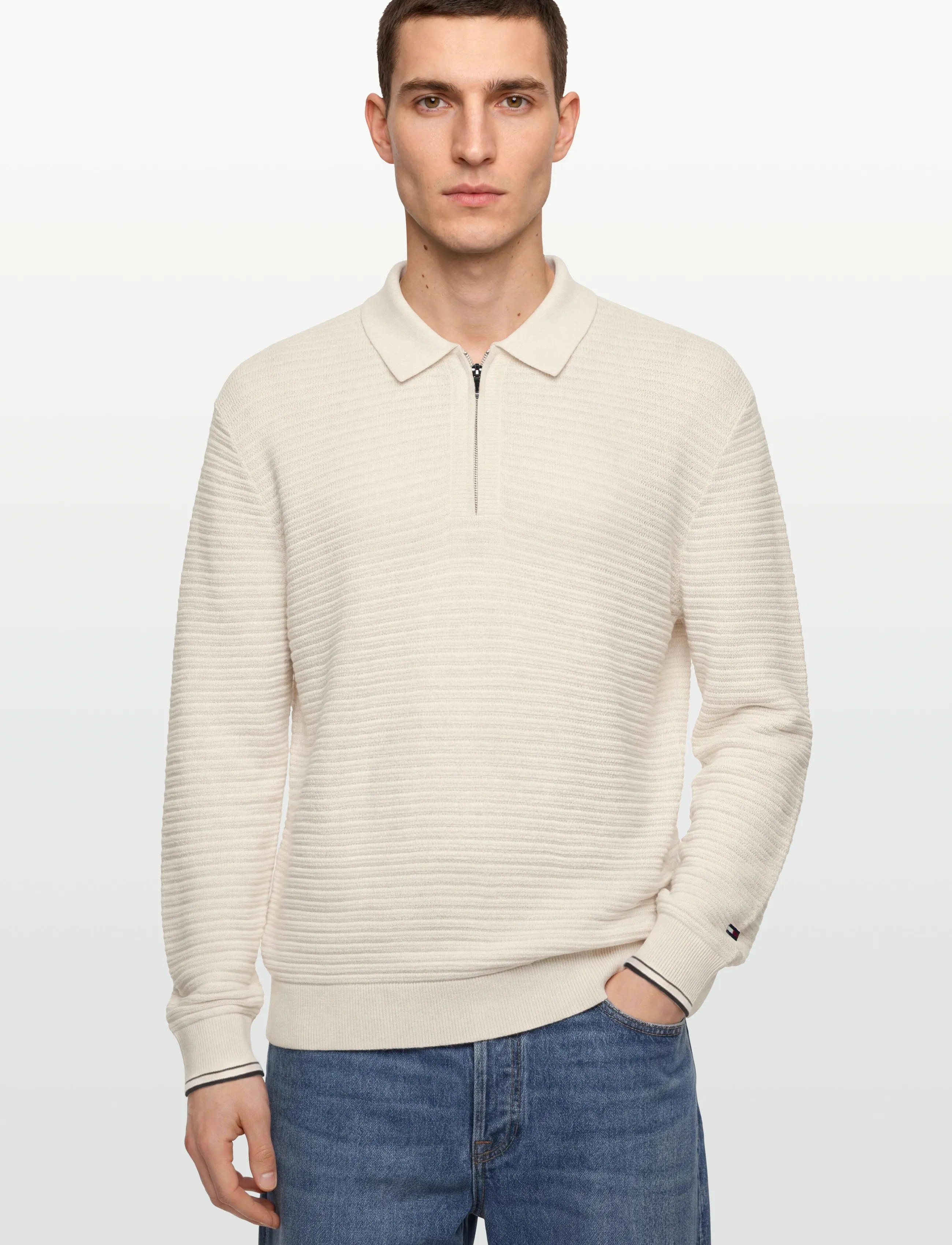 Tommy Hilfiger - DC KNITTED ZIP POLO - pikkade varrukatega kootud polod - ivory petal - 3