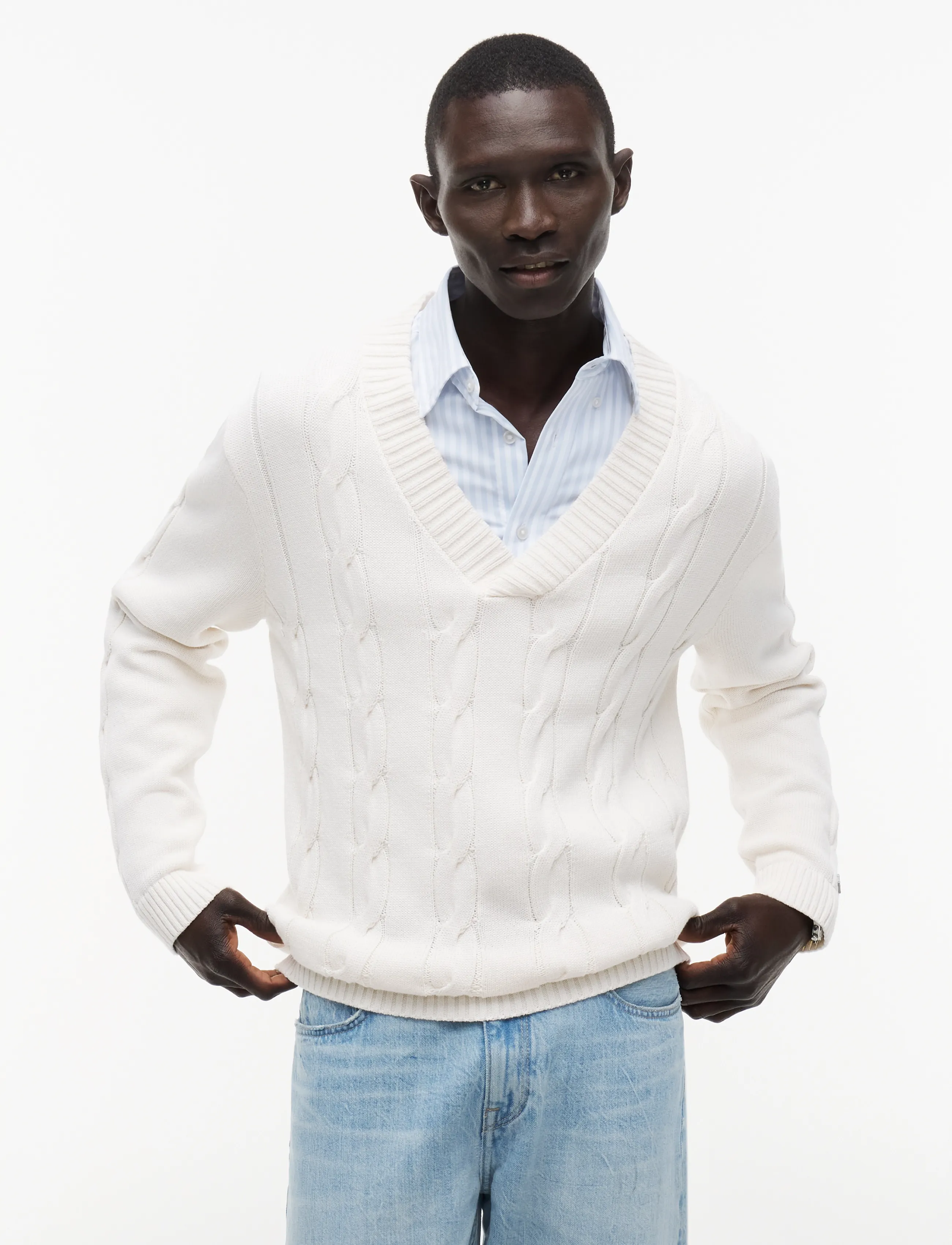 Tommy Hilfiger DC CABLE SWEATER - V-kaelusega kudumid - IVORY PETAL / cream