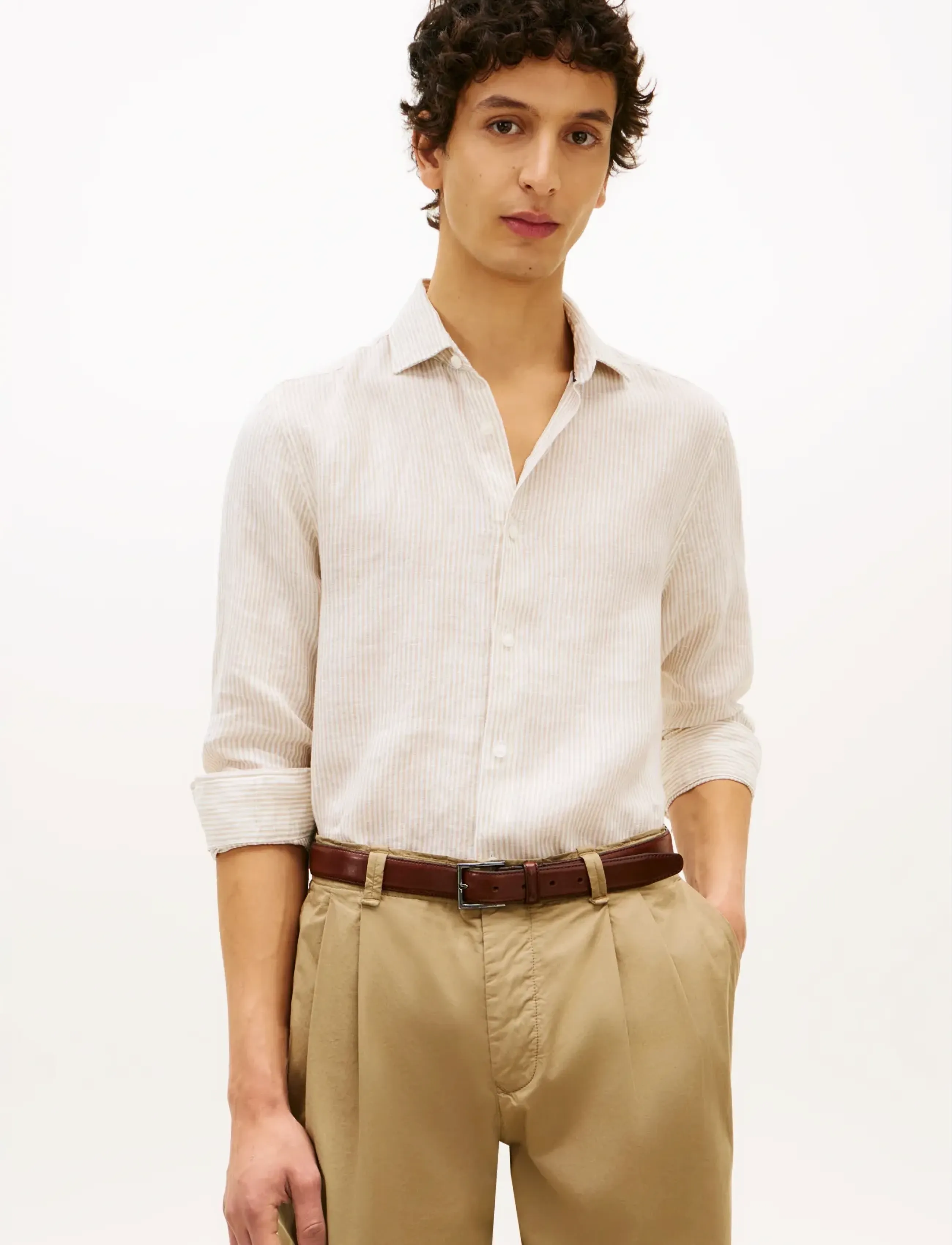 Tommy Hilfiger DC LINEN STRIPE SHIRT - Hemden - SANDALWOOD ECRU / cream