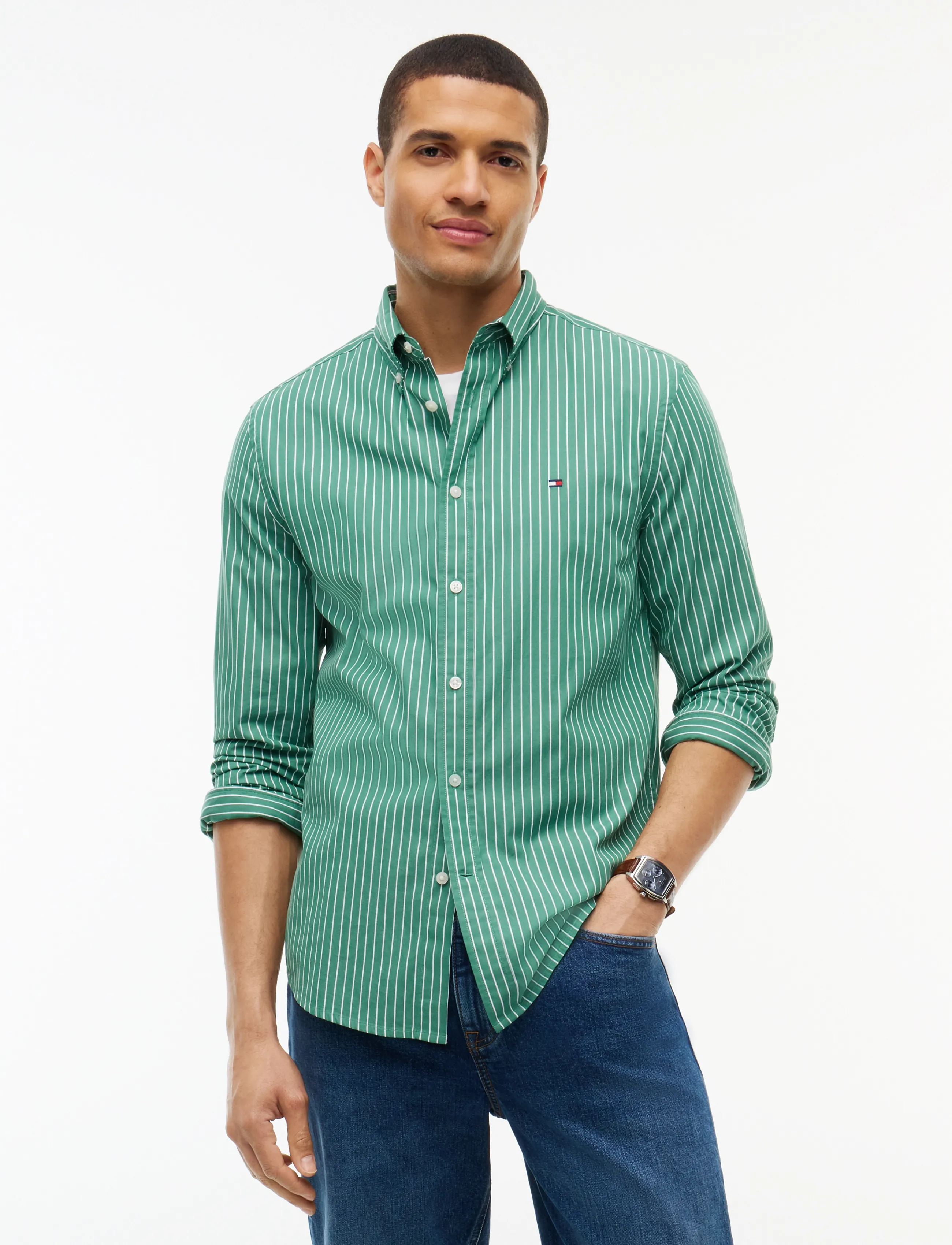 Tommy Hilfiger FLEX HAIRLINE POPLIN RF SHIRT - Inspiration - ALASKAN GREEN   STRIPE / green