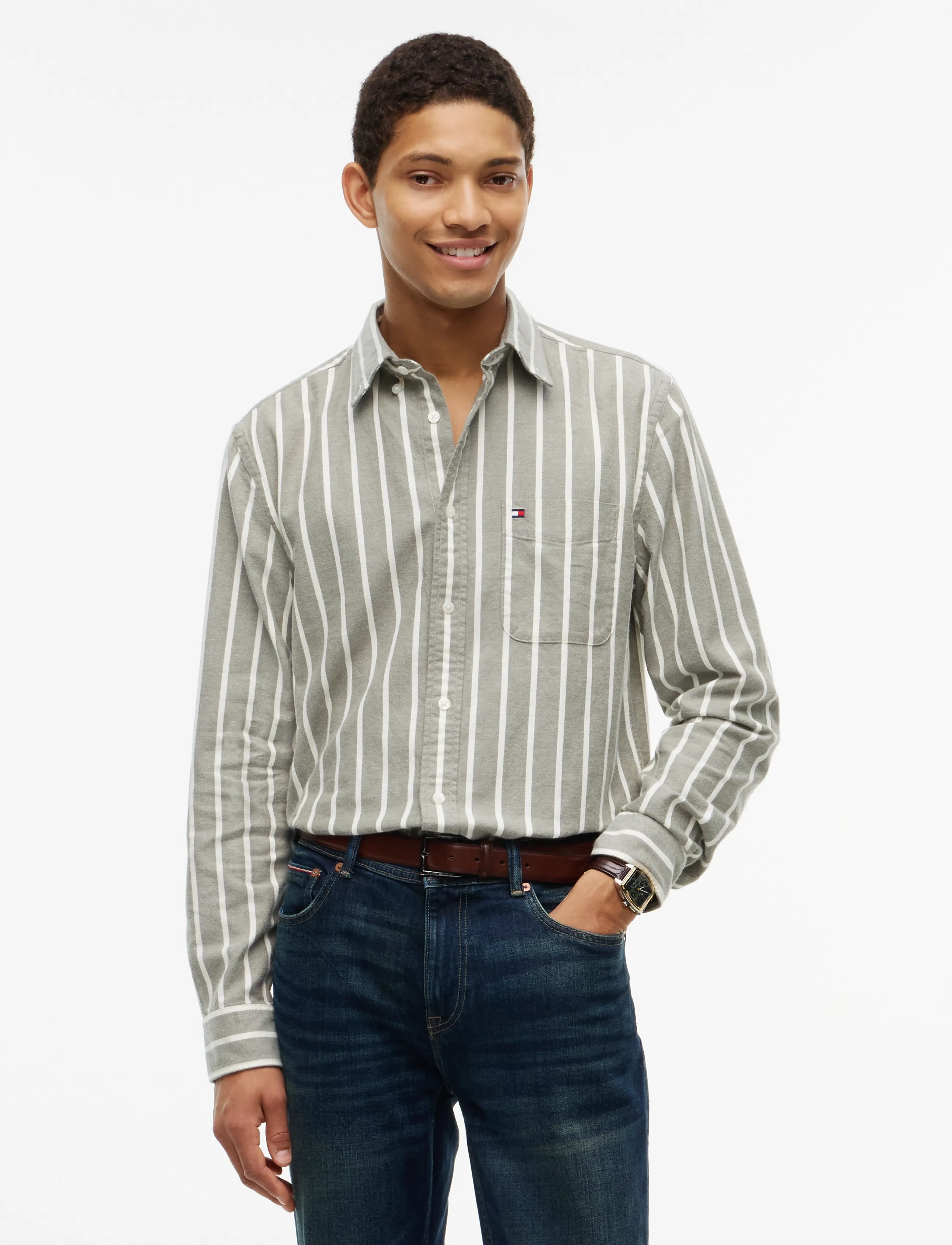 Tommy Hilfiger FLANNEL STRIPE RF SHIRT - Tøj - HUNTSMAN GREEN   STRIPE / green