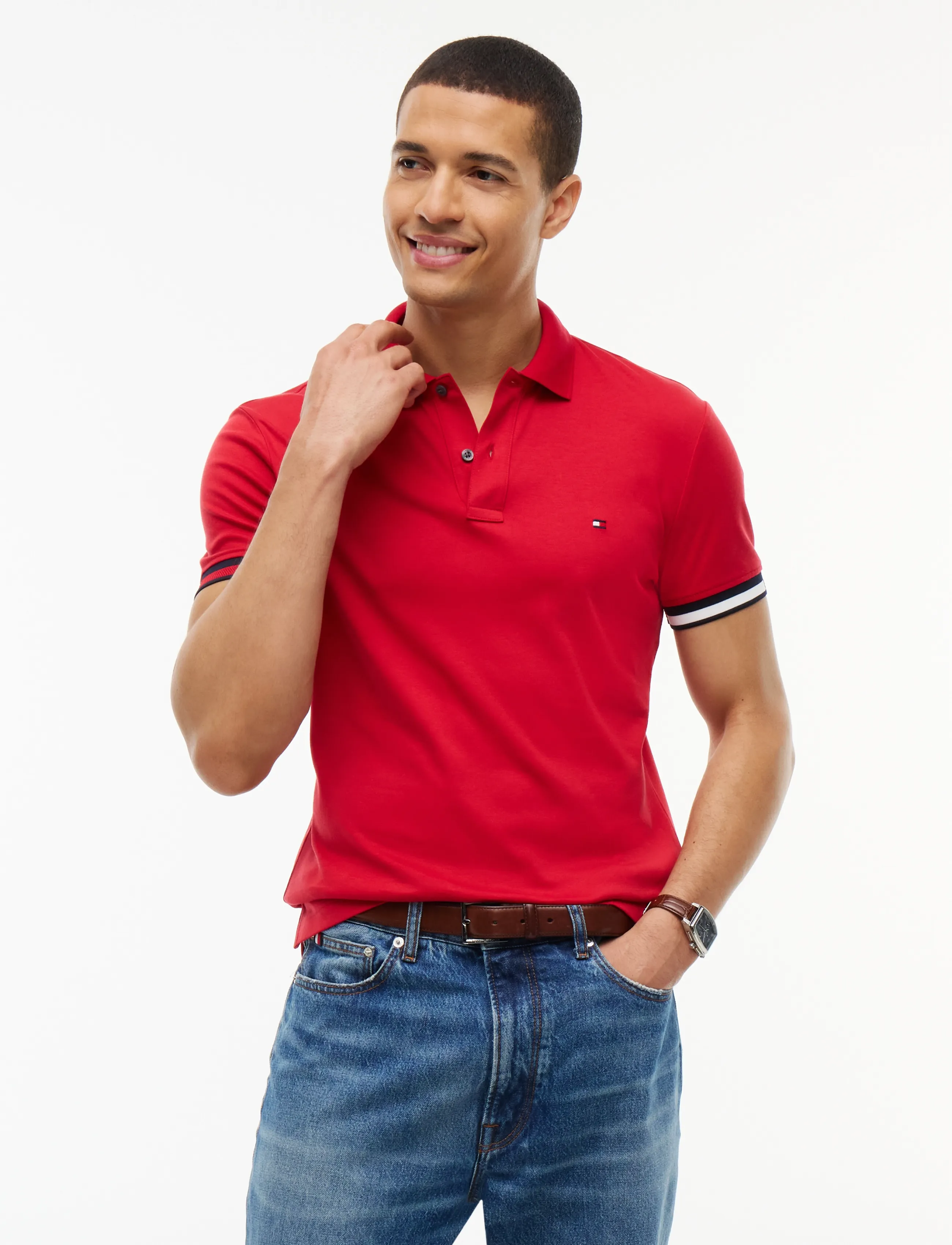 Tommy Hilfiger LIQUID COTTON CUFF SLIM POLO - Kurzärmelig - MEDIUM RED / red