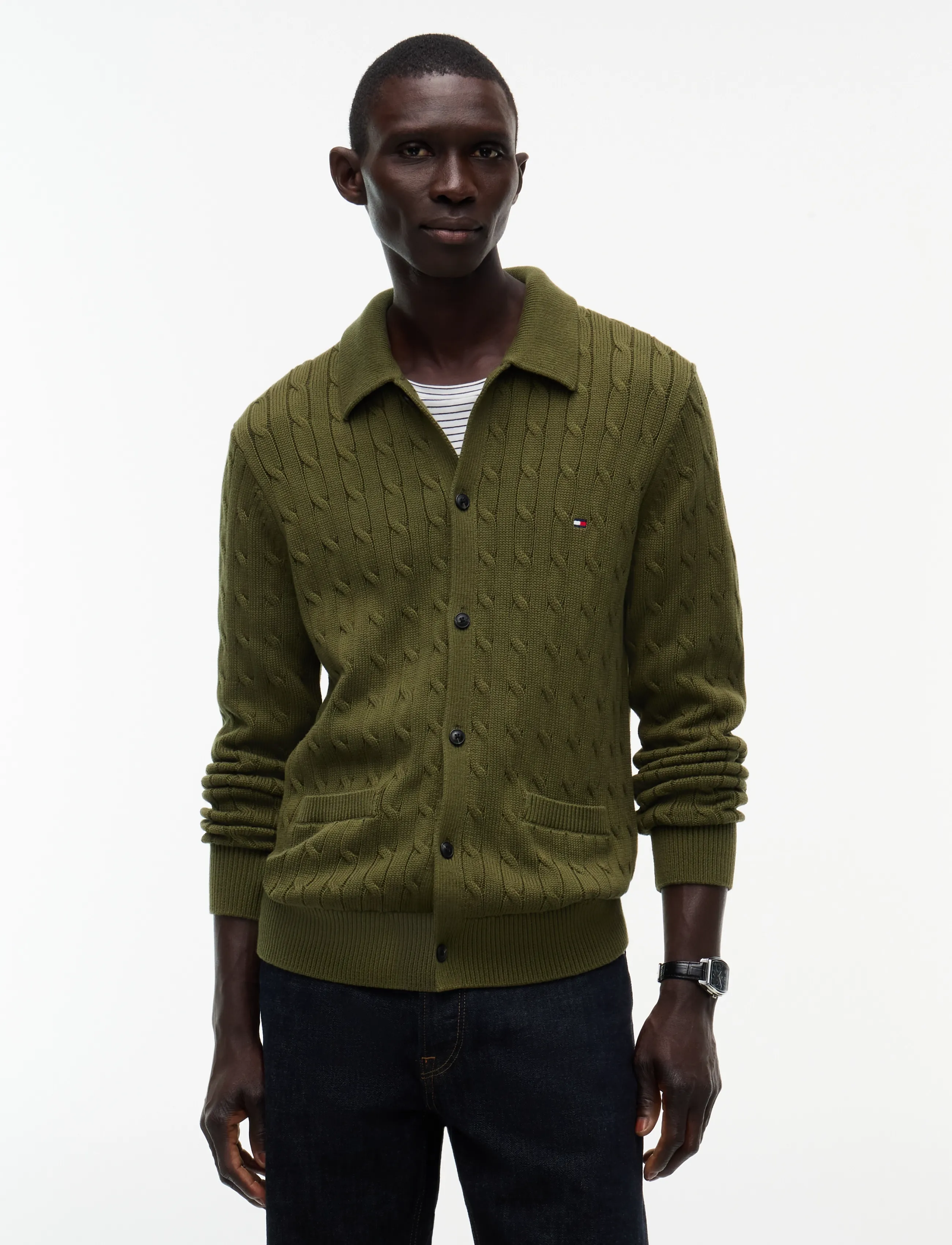 Tommy Hilfiger Classic Cotton Cable Button Thru, XL, Knitwear, Khakigrün - Cardigans, Männerswear