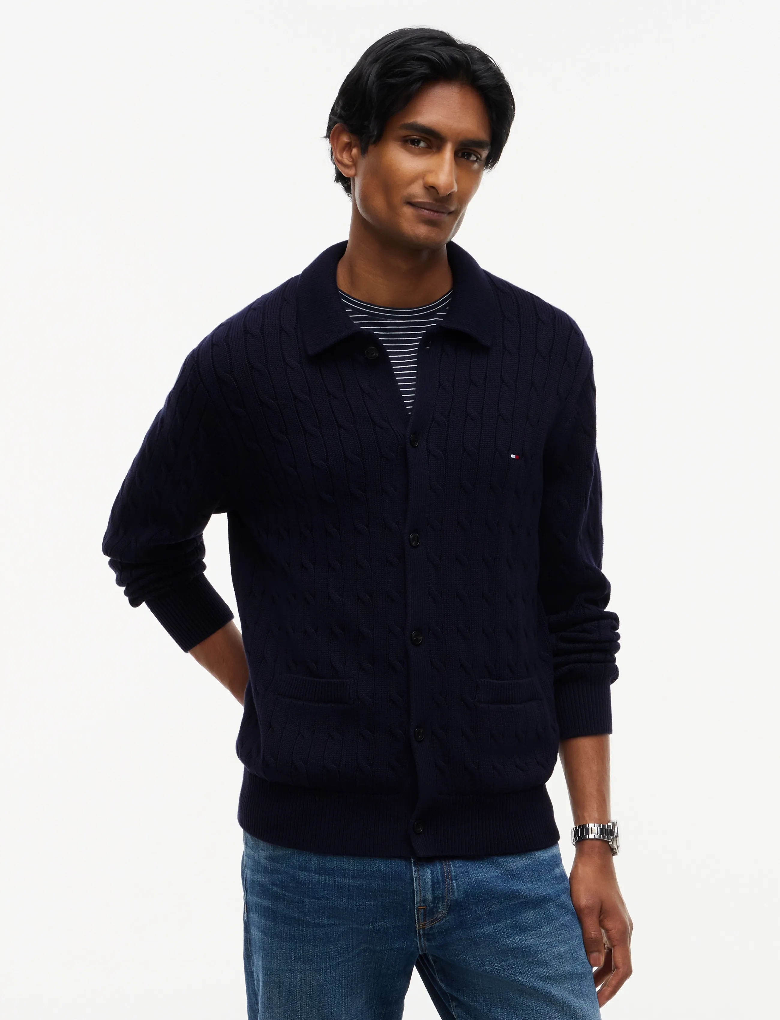 Tommy Hilfiger Classic Cotton Cable Button Thru, L, Knitwear, Marineblau - Cardigans, Männerswear