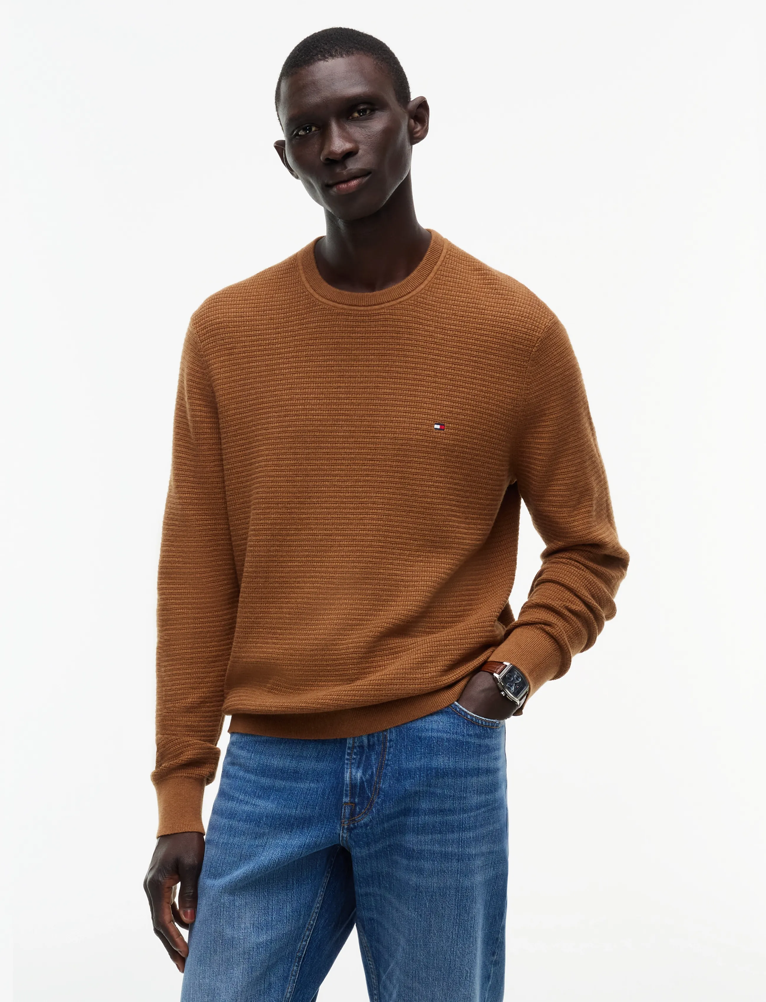 Tommy Hilfiger PIMA CTN CASH STRUCTURE CREWNECK - Tommy Hilfiger - TIMELESS TAWNY HEATHER / brown