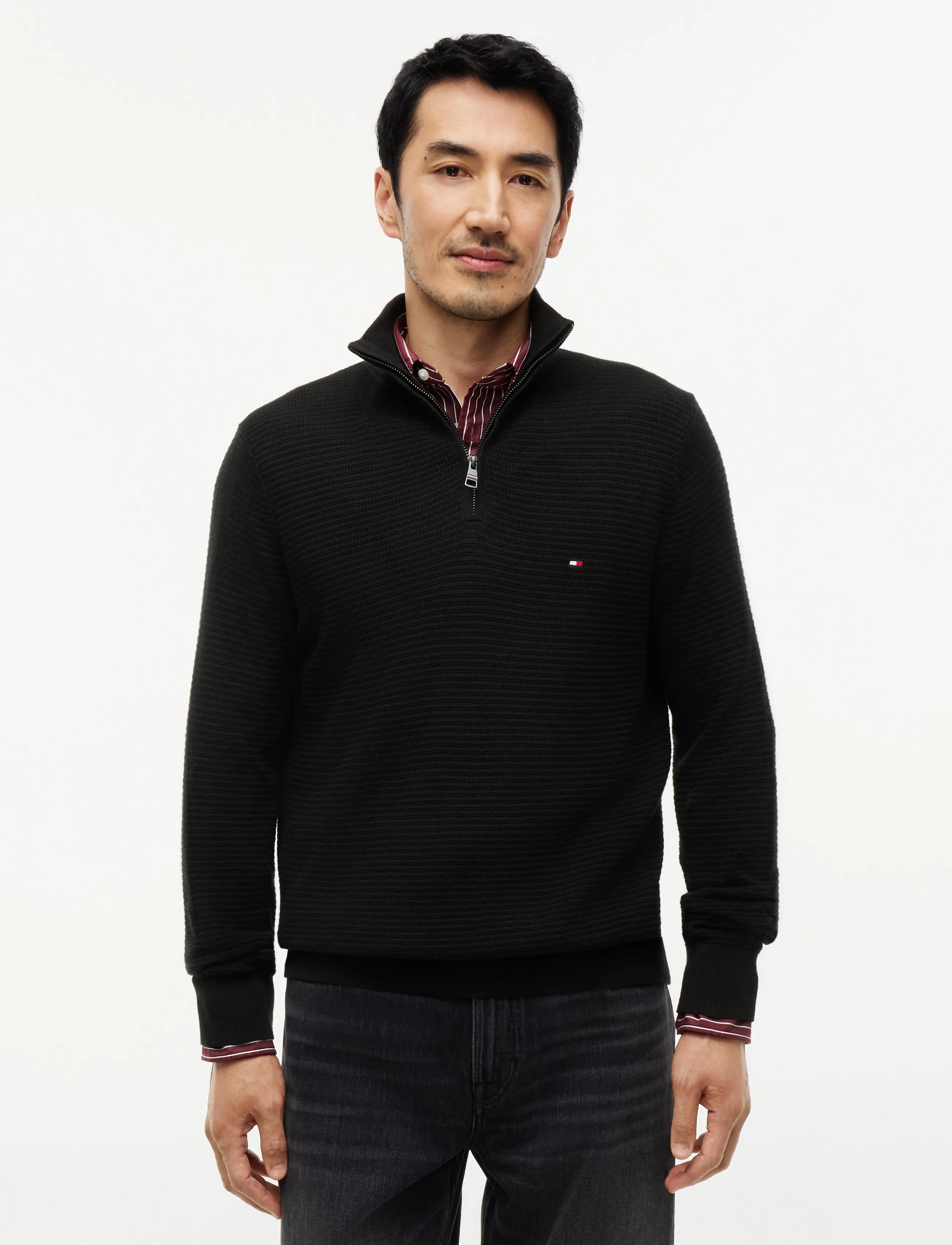 Tommy Hilfiger Pima Ctn Cash Structure Zip Mock, M, Knitwear, Schwarz - Half Jumpers, Männerswear