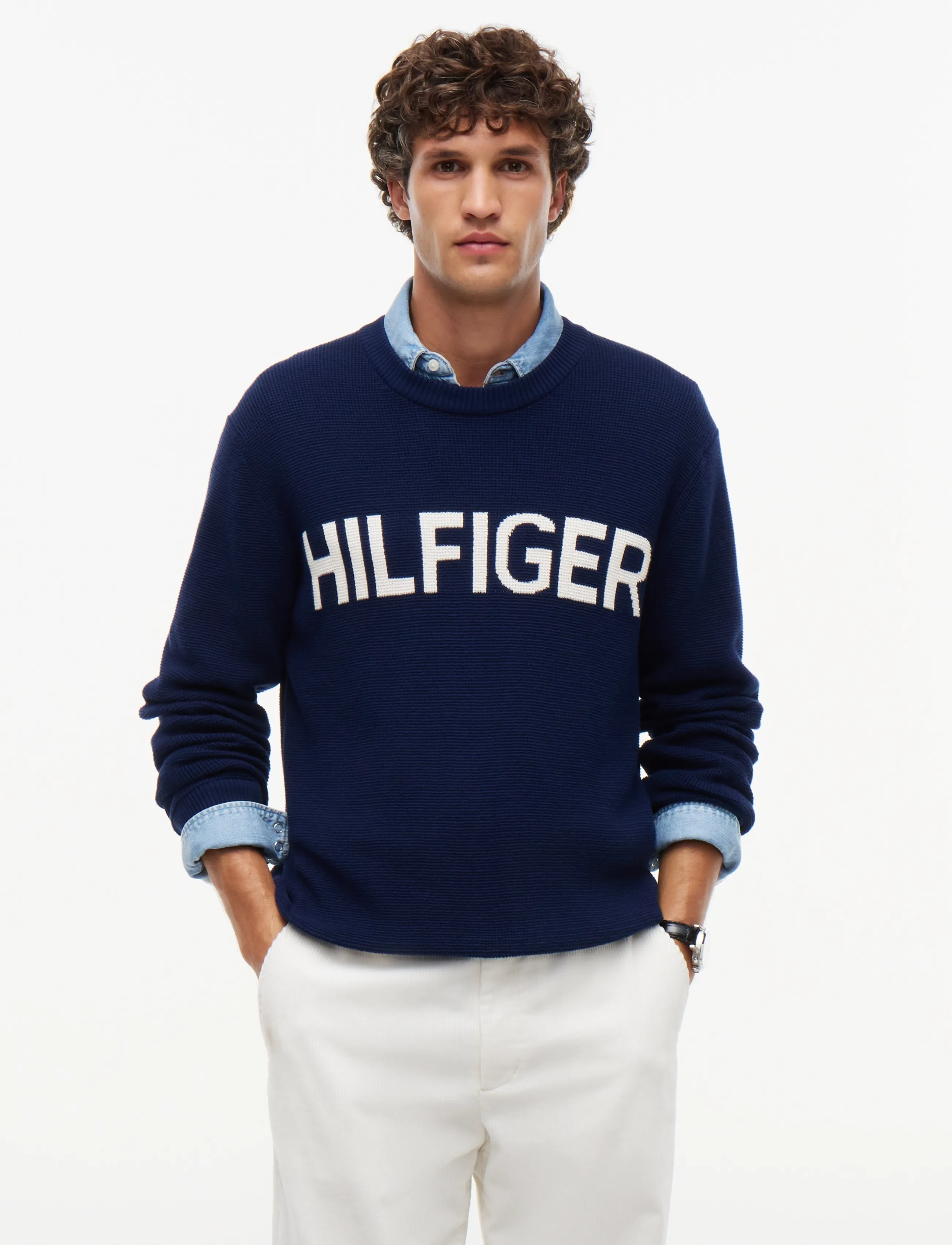 Tommy Hilfiger WAFFLE COTTON GRAPHIC CREW NECK - Tøj - CARBON NAVY / navy