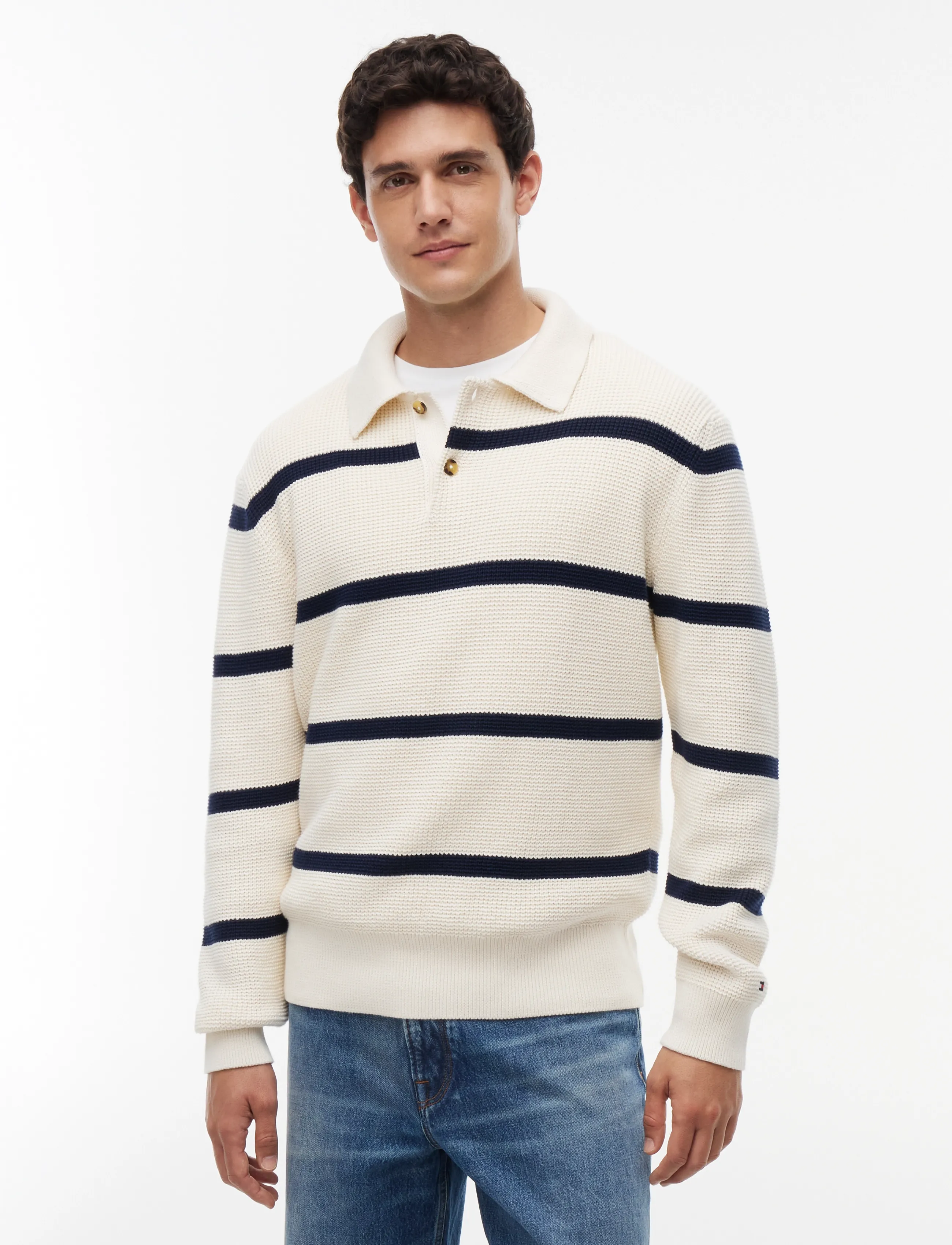 Tommy Hilfiger WAFFLE STRUCTURE RUGBY - Långärmade stickade pikétröjor - IVORY PETAL  CARBON NAVY / cream