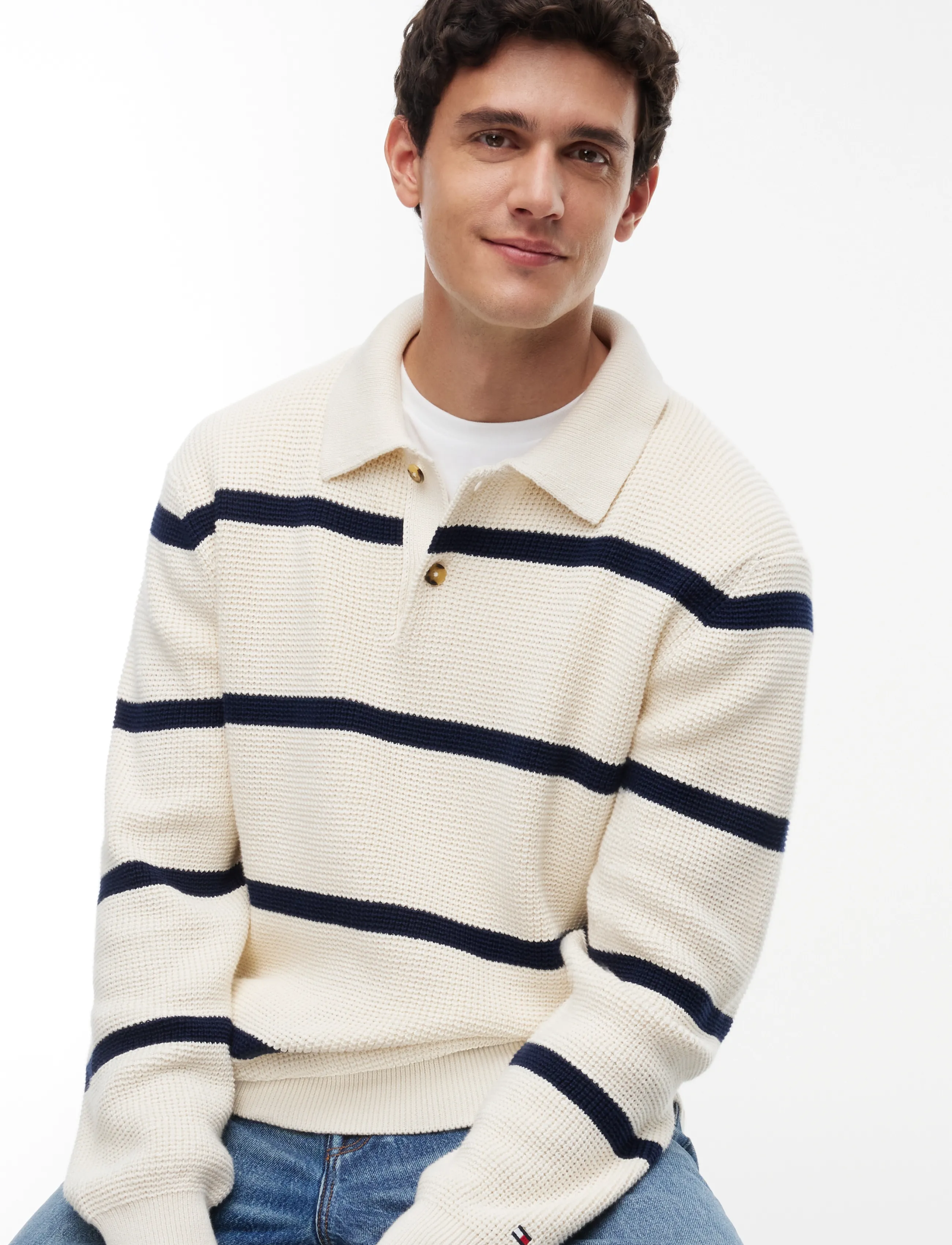 Tommy Hilfiger - WAFFLE STRUCTURE RUGBY - långärmade stickade pikétröjor - ivory petal  carbon navy - 3