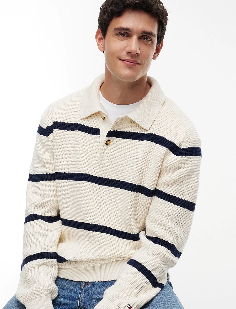 Tommy Hilfiger - WAFFLE STRUCTURE RUGBY - långärmade stickade pikétröjor - ivory petal carbon navy - 3