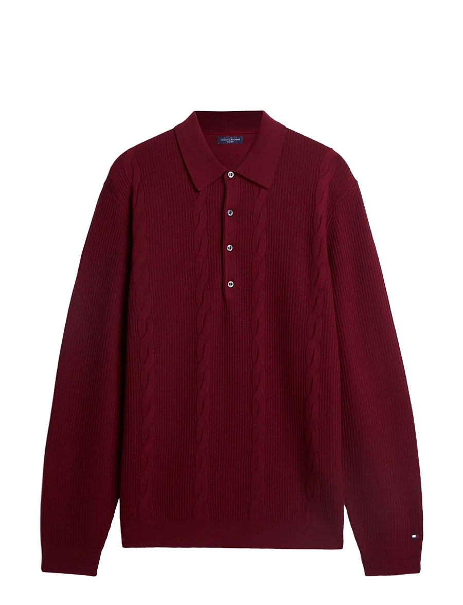 Tommy Hilfiger - NY WOOL CABLE L/S POLO - langärmelige strick-polohemden - burgundy - 0